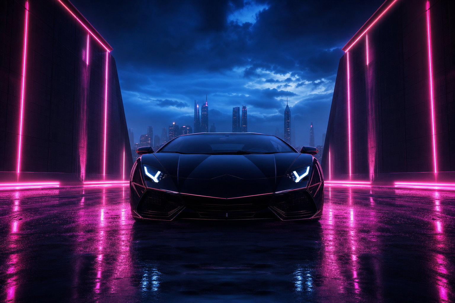 Black Lamborghini On Neon Street At Night Cars Wallpaper  1 4K