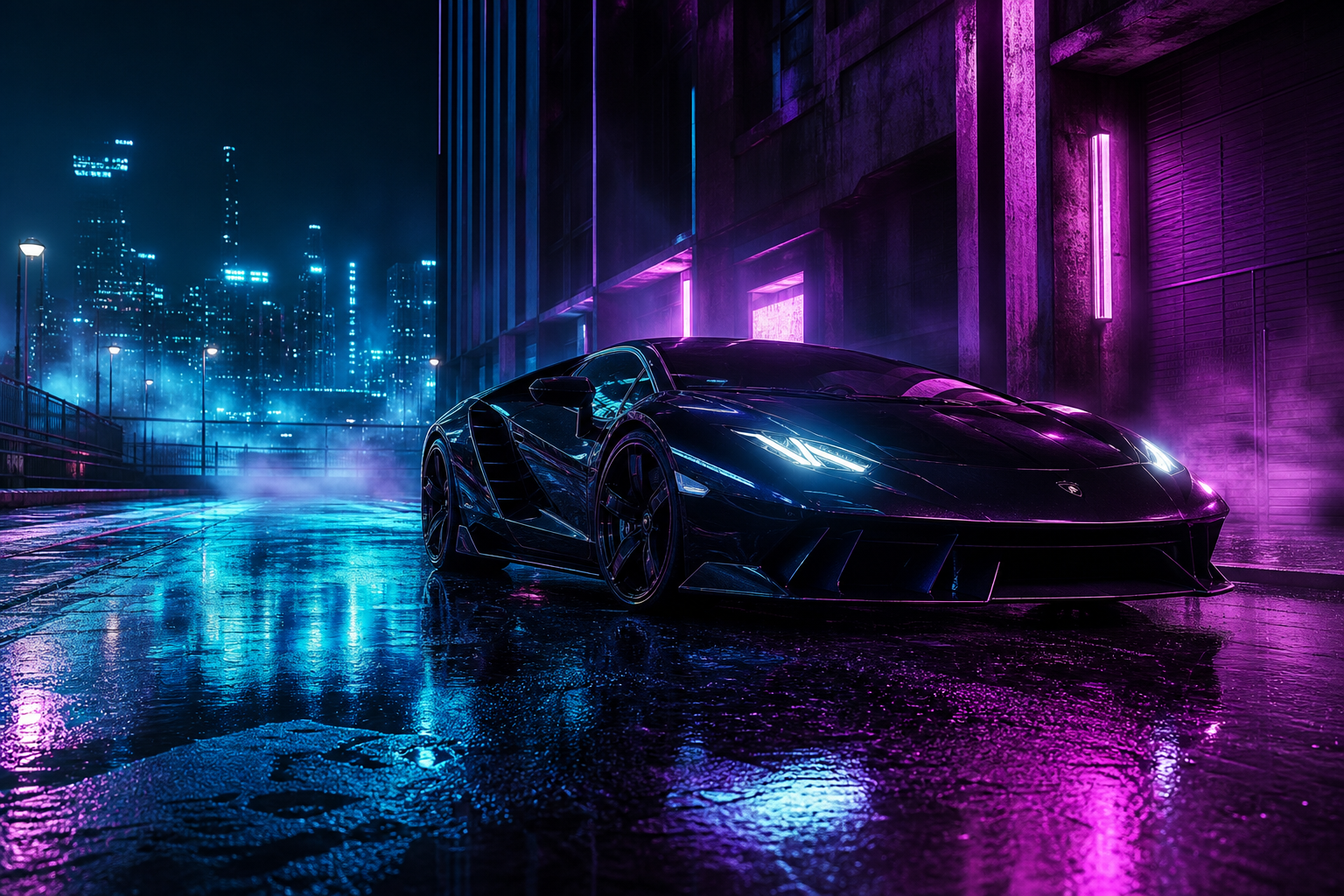 Black Lamborghini On Neon Street At Night Cars Wallpaper  1 4K