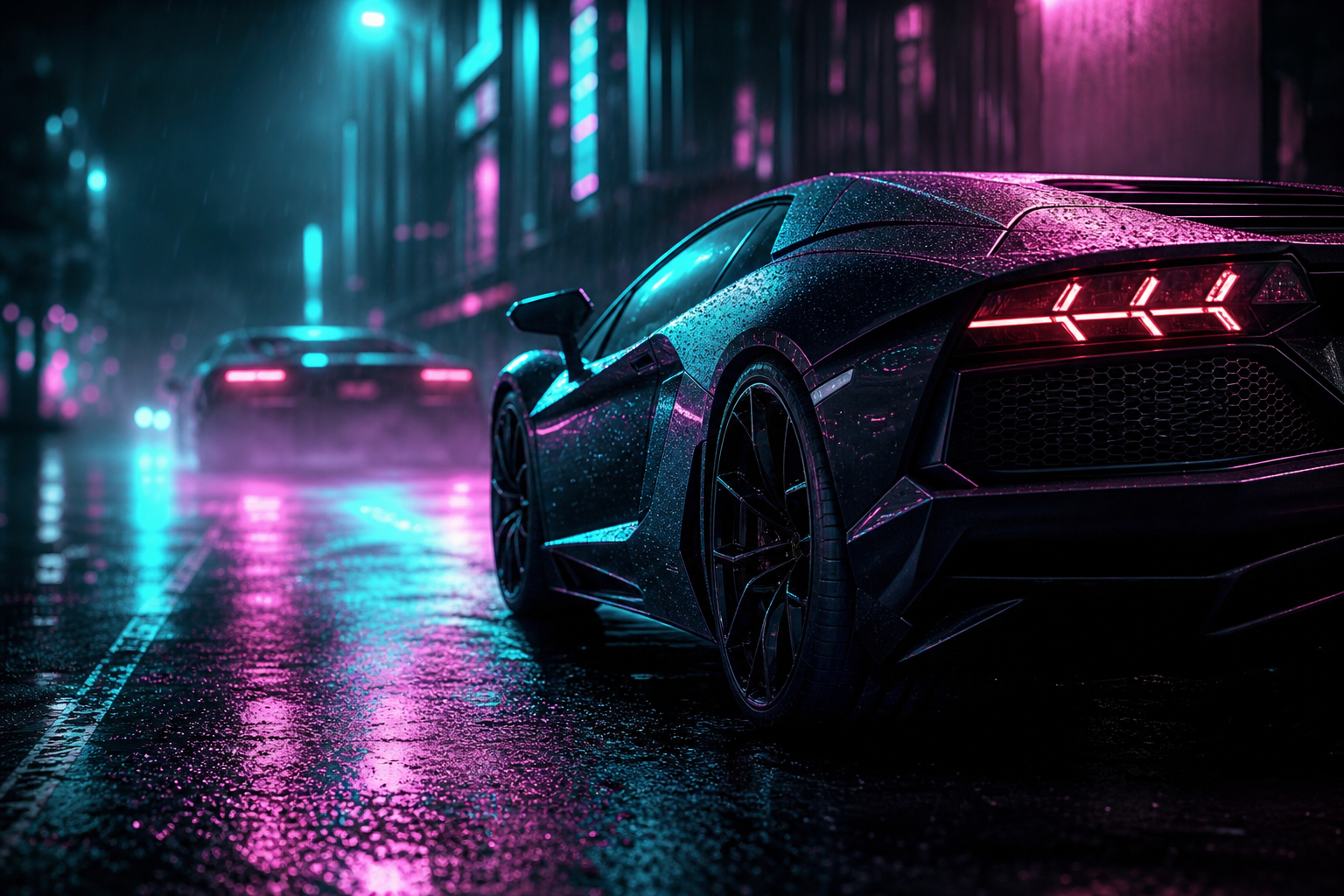 Black Lamborghini On Neon Street At Night Cars Wallpaper  1 4K