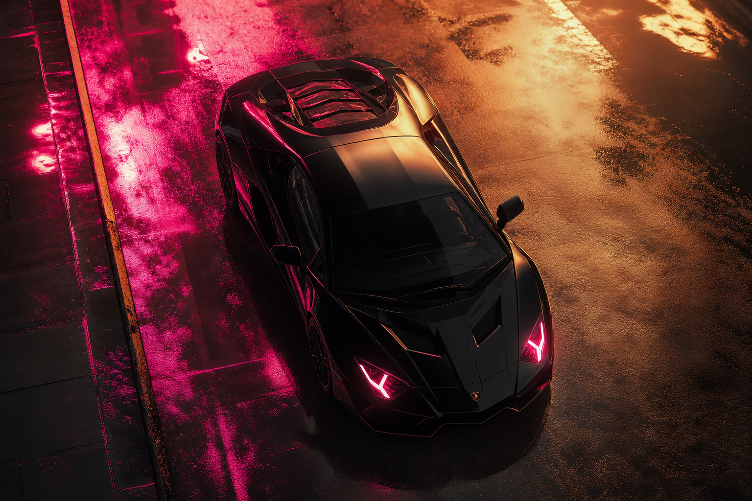 Black Lamborghini On Neon Street At Night Cars Wallpaper  1 4K