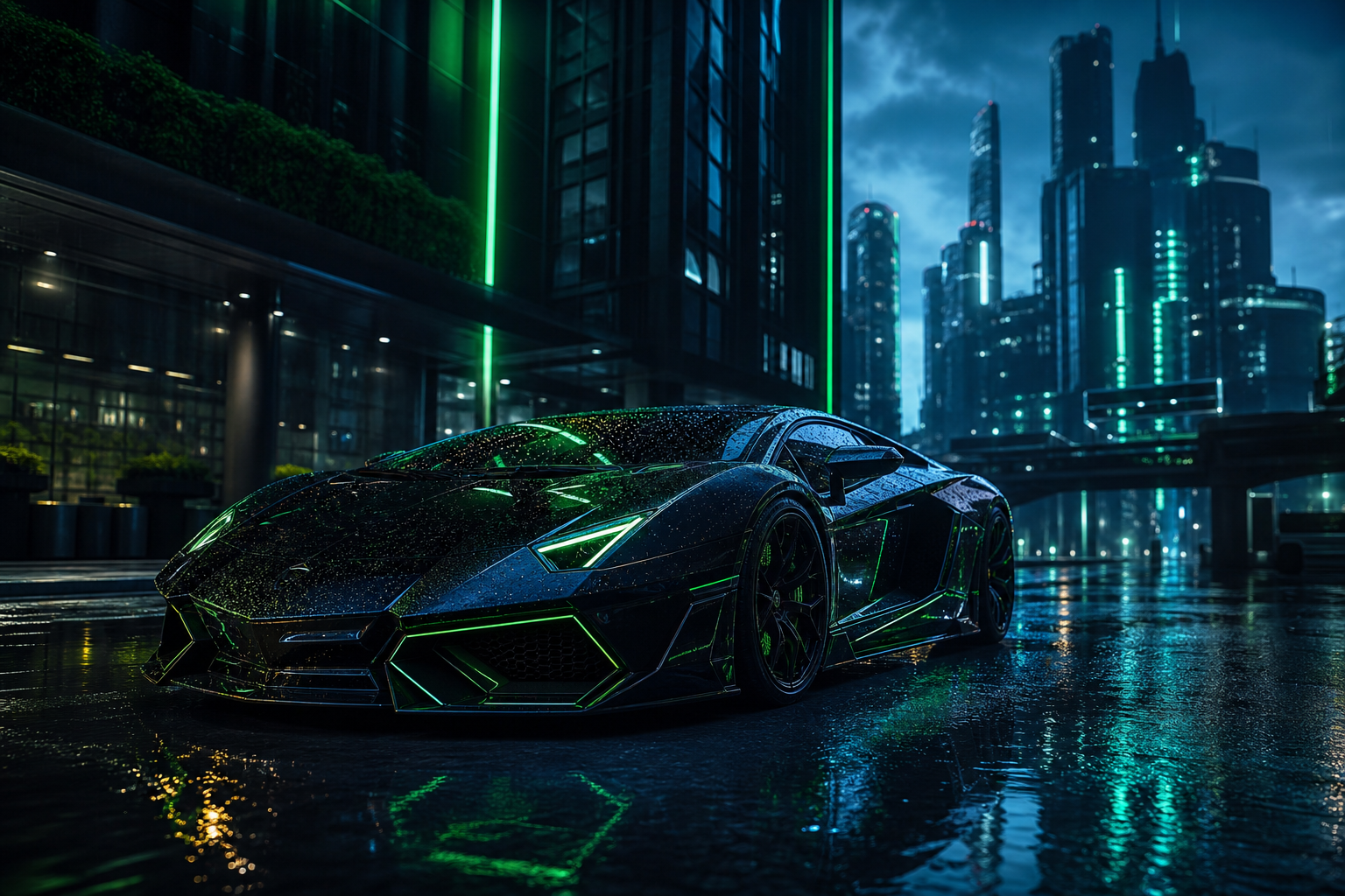 Black Lamborghini On Neon Street At Night Cars Wallpaper  1 4K