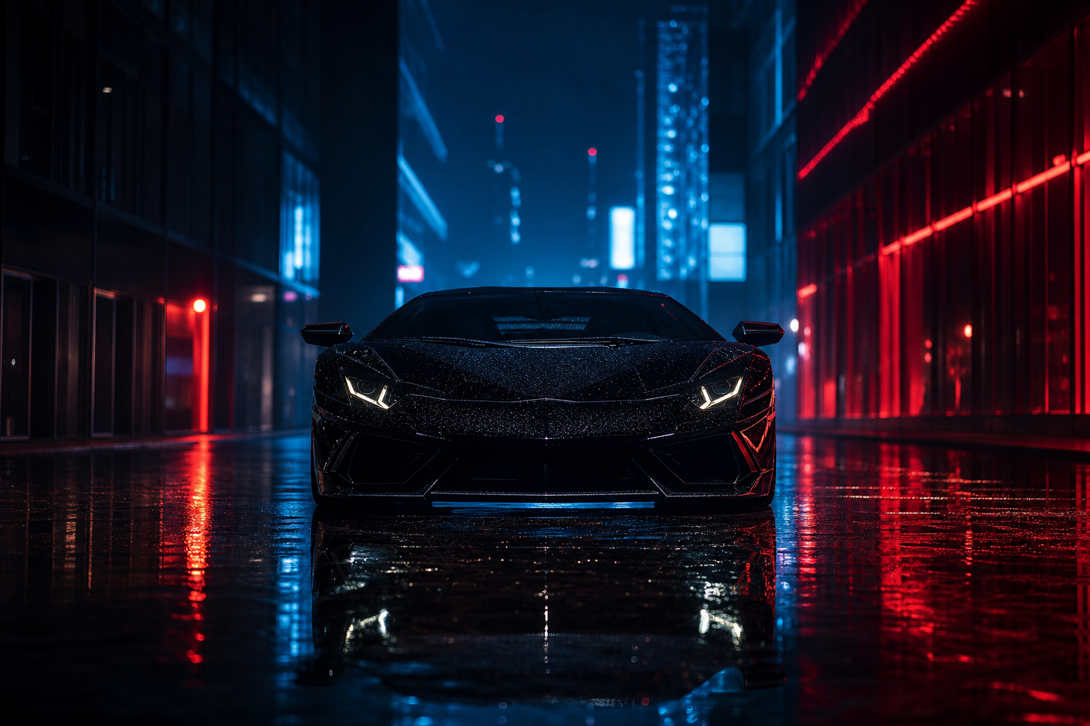 Black Lamborghini On Neon Street At Night Cars Wallpaper  1 4K