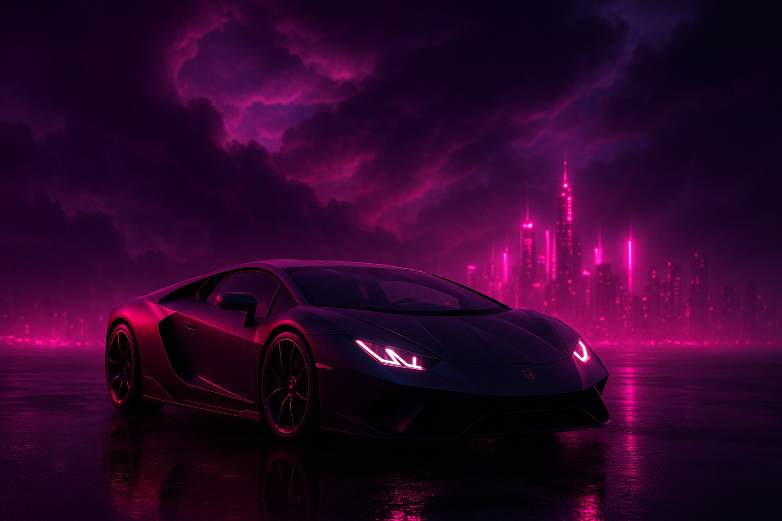 Black Lamborghini On Neon Street At Night Cars Wallpaper 1 4K 4K Cars Wallpaper