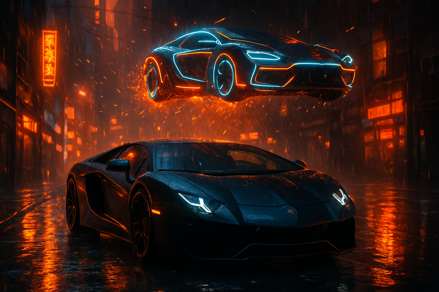 Black Lamborghini On Neon Street At Night Cars Wallpaper  1 4K