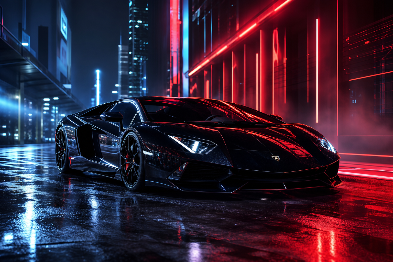 Black Lamborghini On Neon Street At Night Cars Wallpaper  1 4K