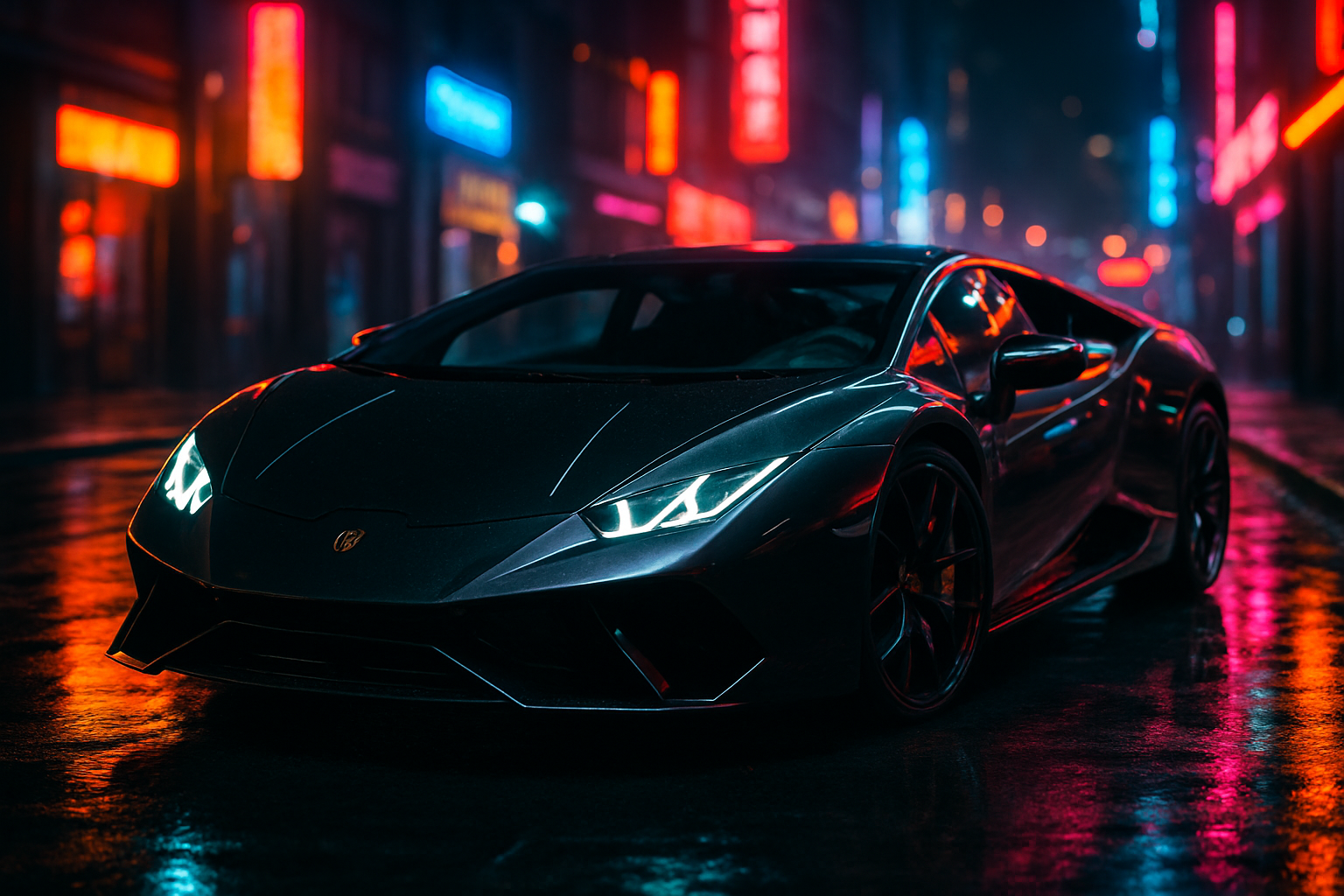 Black Lamborghini On Neon Street At Night Cars Wallpaper 1 4K 4K Cars Wallpaper