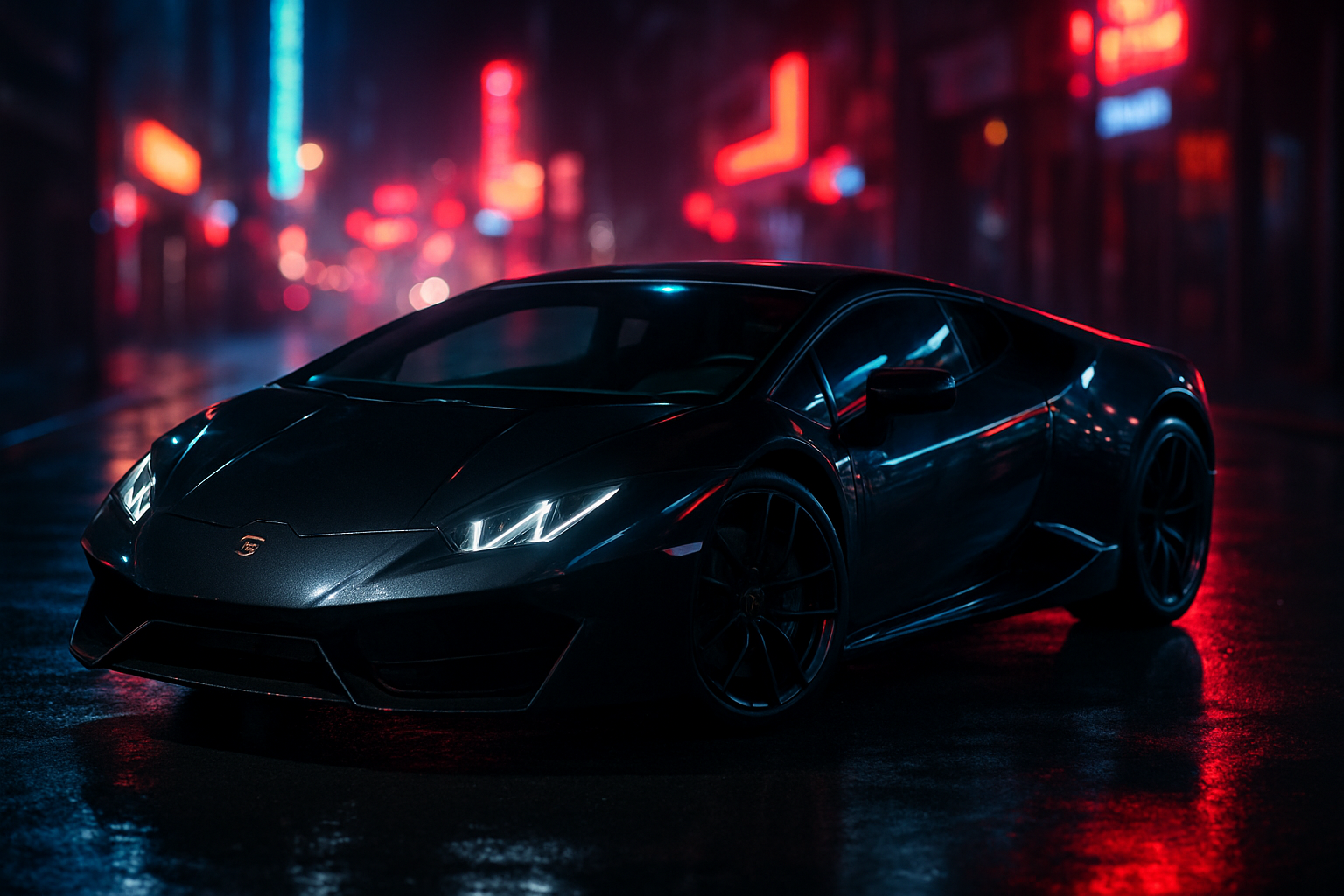 Black Lamborghini On Neon Street At Night Cars Wallpaper 9 4K 4K Cars Wallpaper