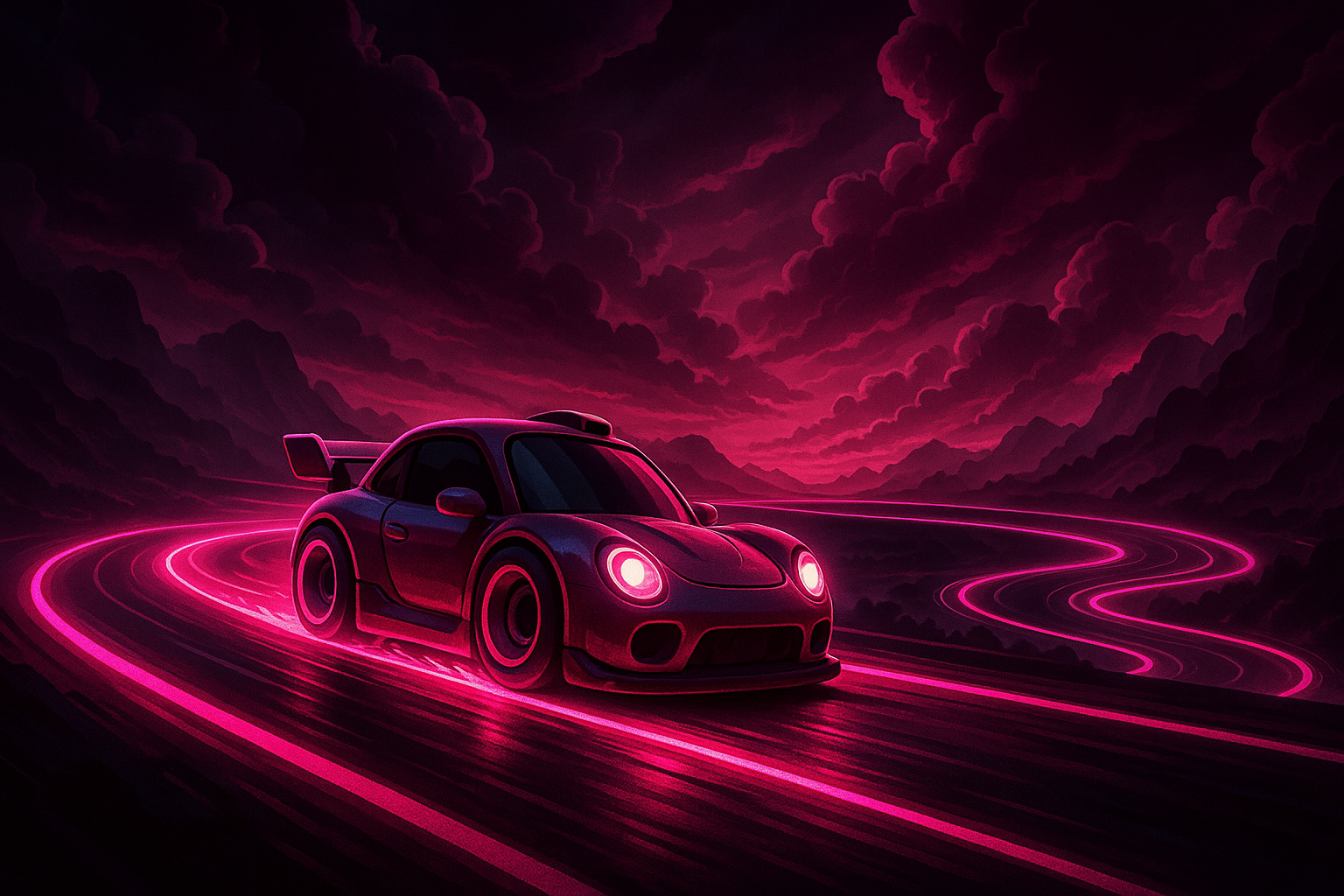 Cartoon Racing Car On Neon Track Cartoon Wallpaper 3 4K 4K Cartoon Wallpaper