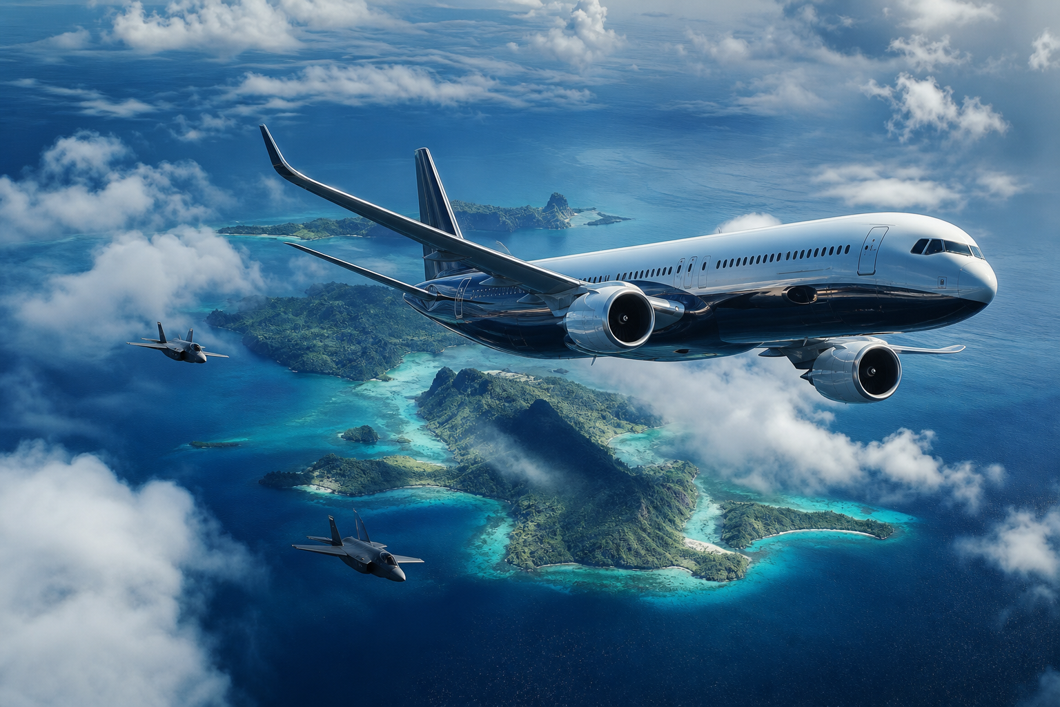 Commercial Airliner Above Tropical Islands In Clear Blue Sky Airplanes Wallpaper  2 4K