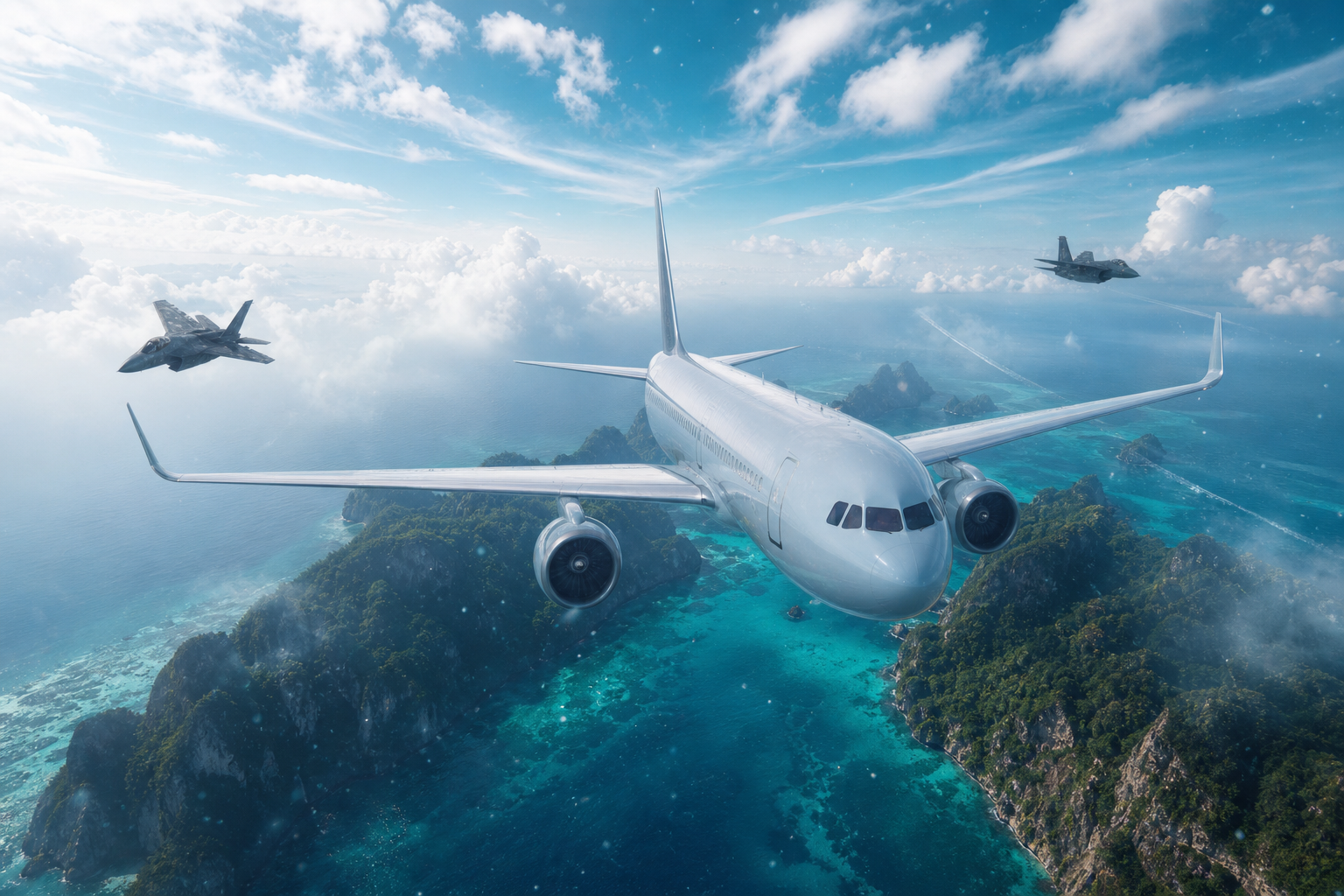 Commercial Airliner Above Tropical Islands In Clear Blue Sky Airplanes Wallpaper  2 4K