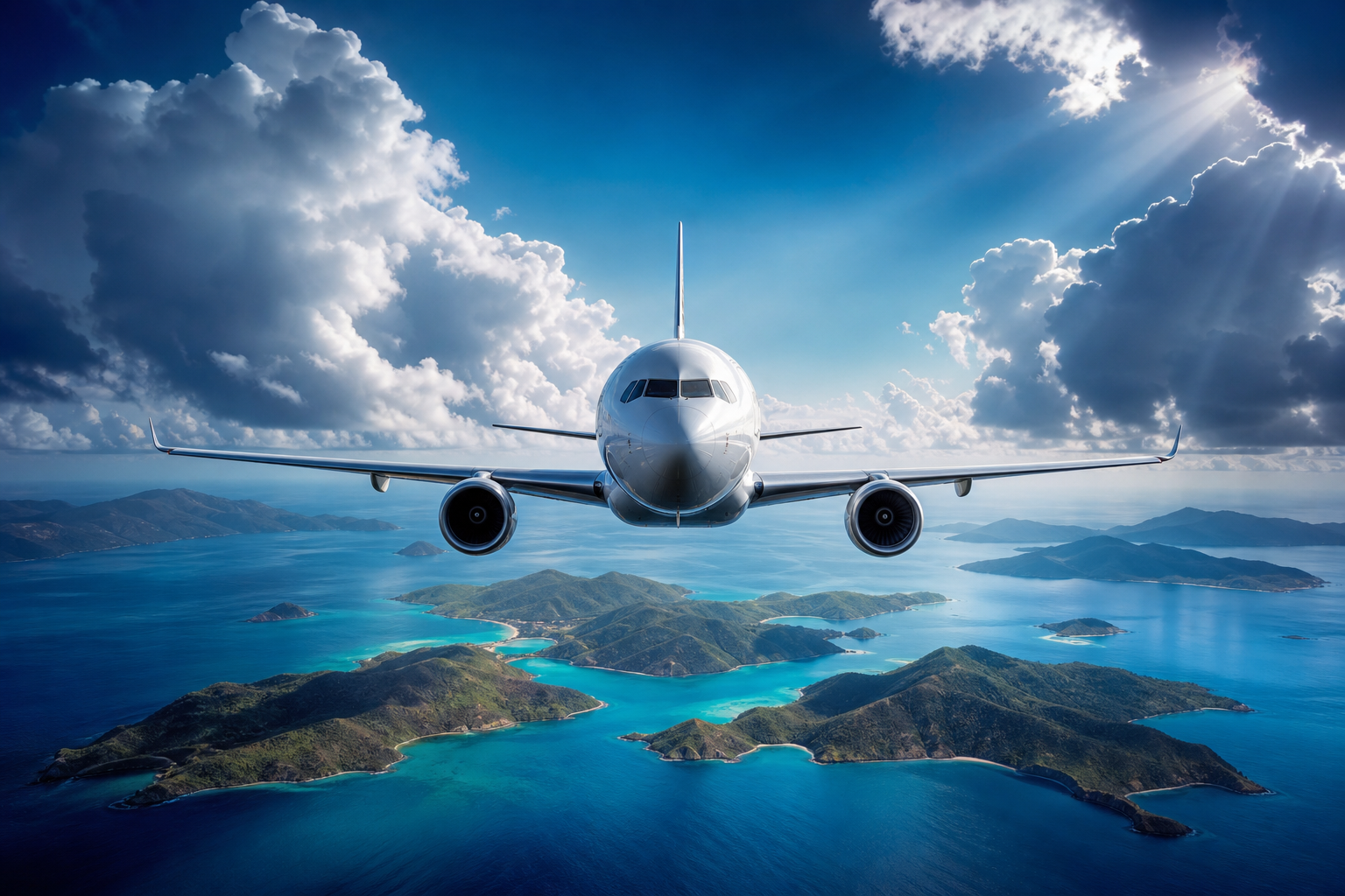 Commercial Airliner Above Tropical Islands In Clear Blue Sky Airplanes Wallpaper  2 4K