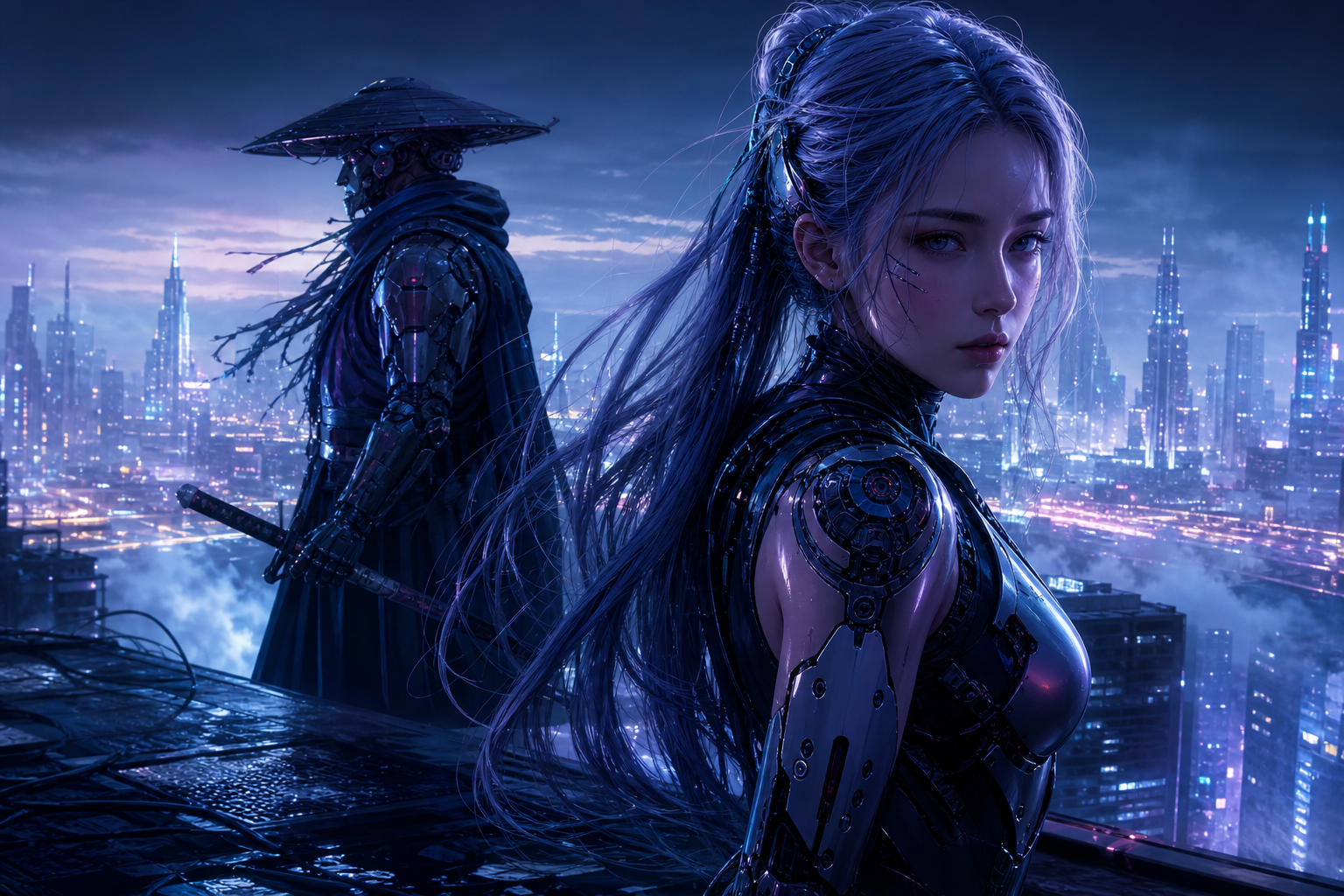 Cyber Samurai Standing On Skyscraper Ai-Girls Wallpaper  5 4K