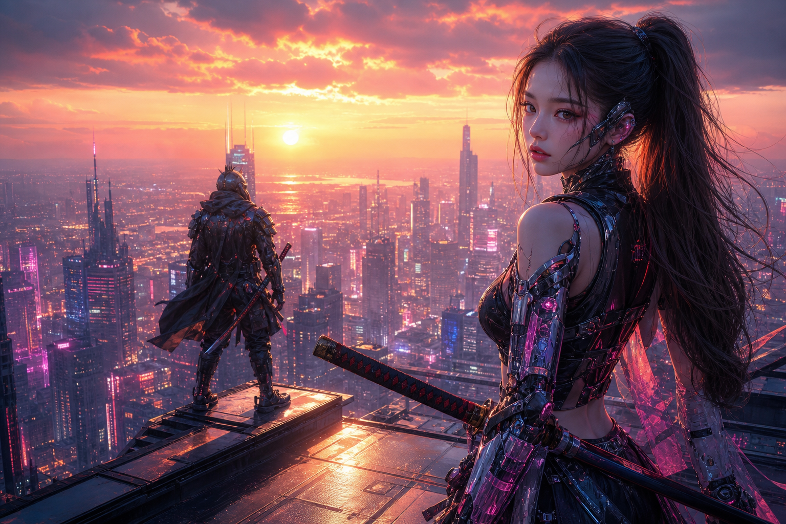 Cyber Samurai Standing On Skyscraper Ai-Girls Wallpaper  5 4K