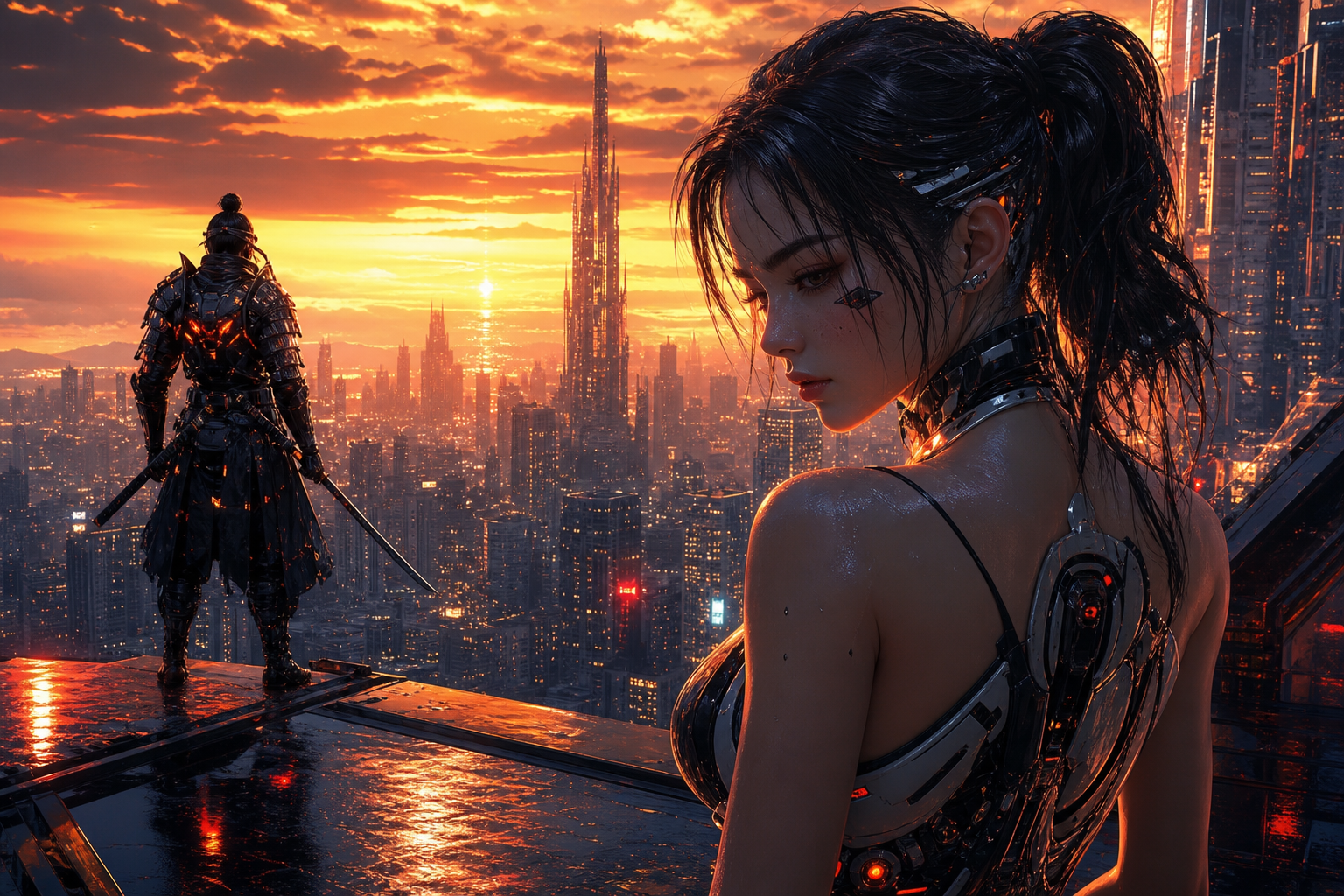 Cyber Samurai Standing On Skyscraper Ai-Girls Wallpaper  5 4K
