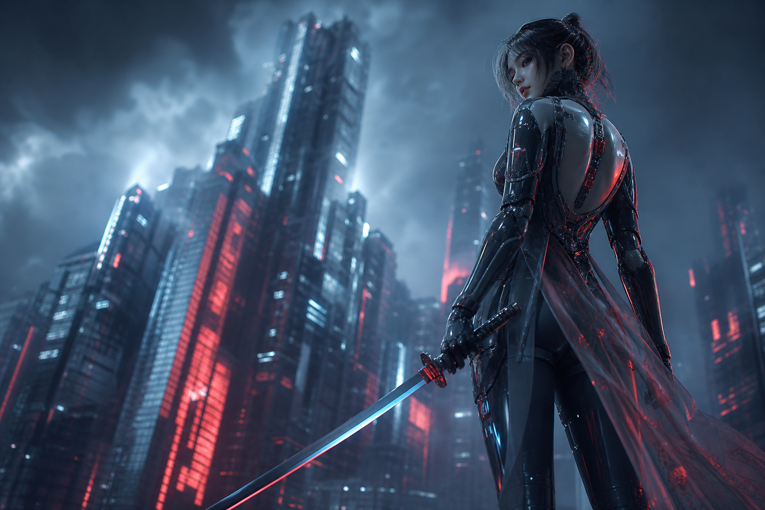 Cyber Samurai Standing On Skyscraper Ai-Girls Wallpaper  5 4K
