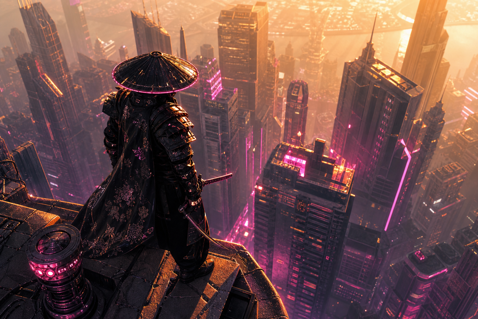 Cyber Samurai Standing On Skyscraper Architecture Wallpaper  5 4K