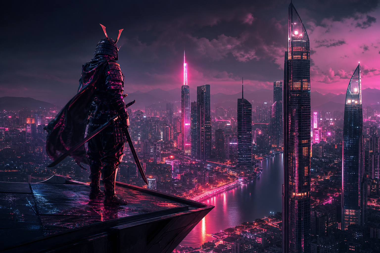 Cyber Samurai Standing On Skyscraper Architecture Wallpaper  5 4K