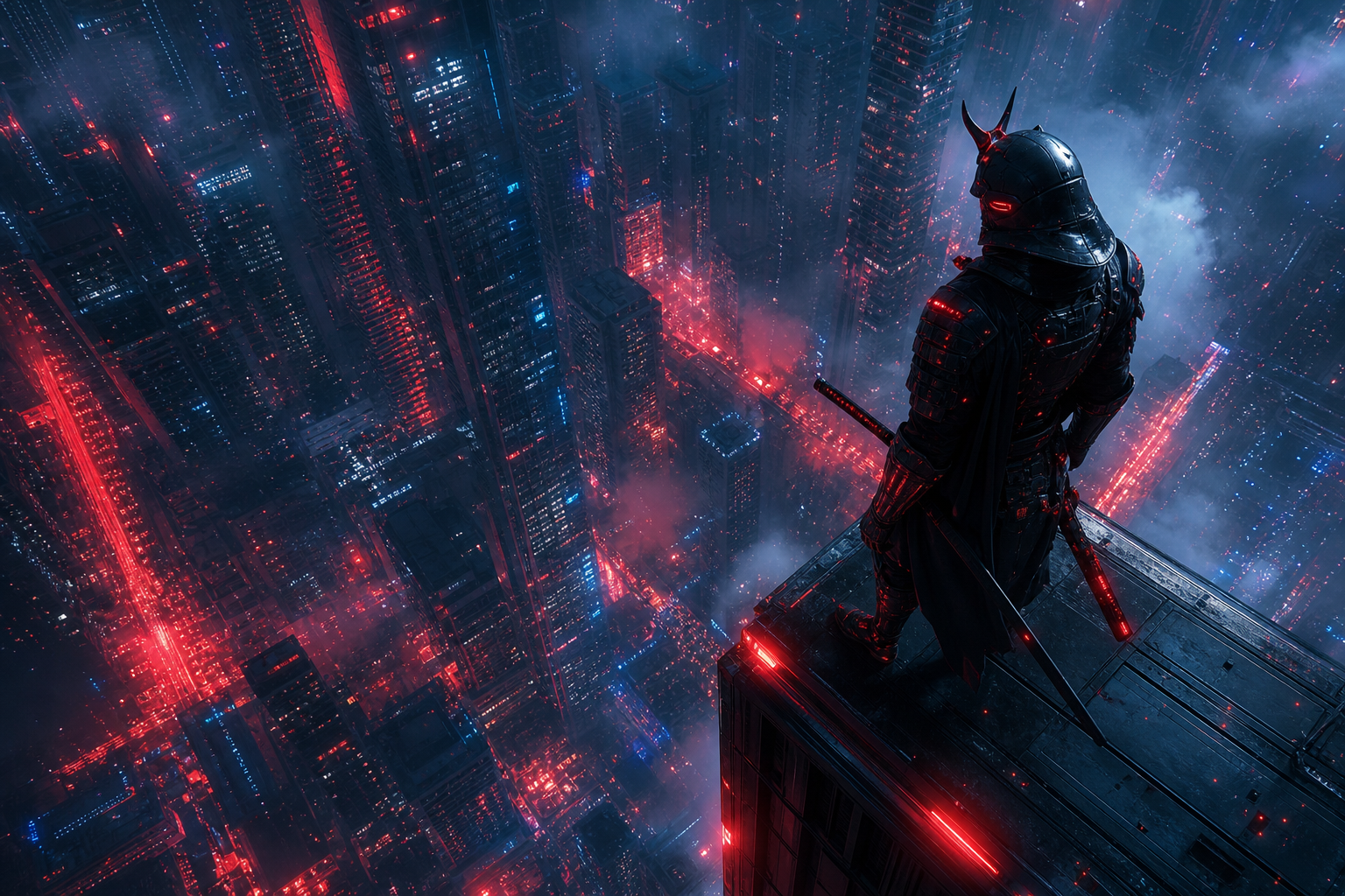 Cyber Samurai Standing On Skyscraper Architecture Wallpaper  5 4K