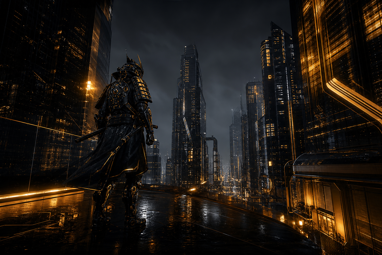 Cyber Samurai Standing On Skyscraper Architecture Wallpaper  5 4K