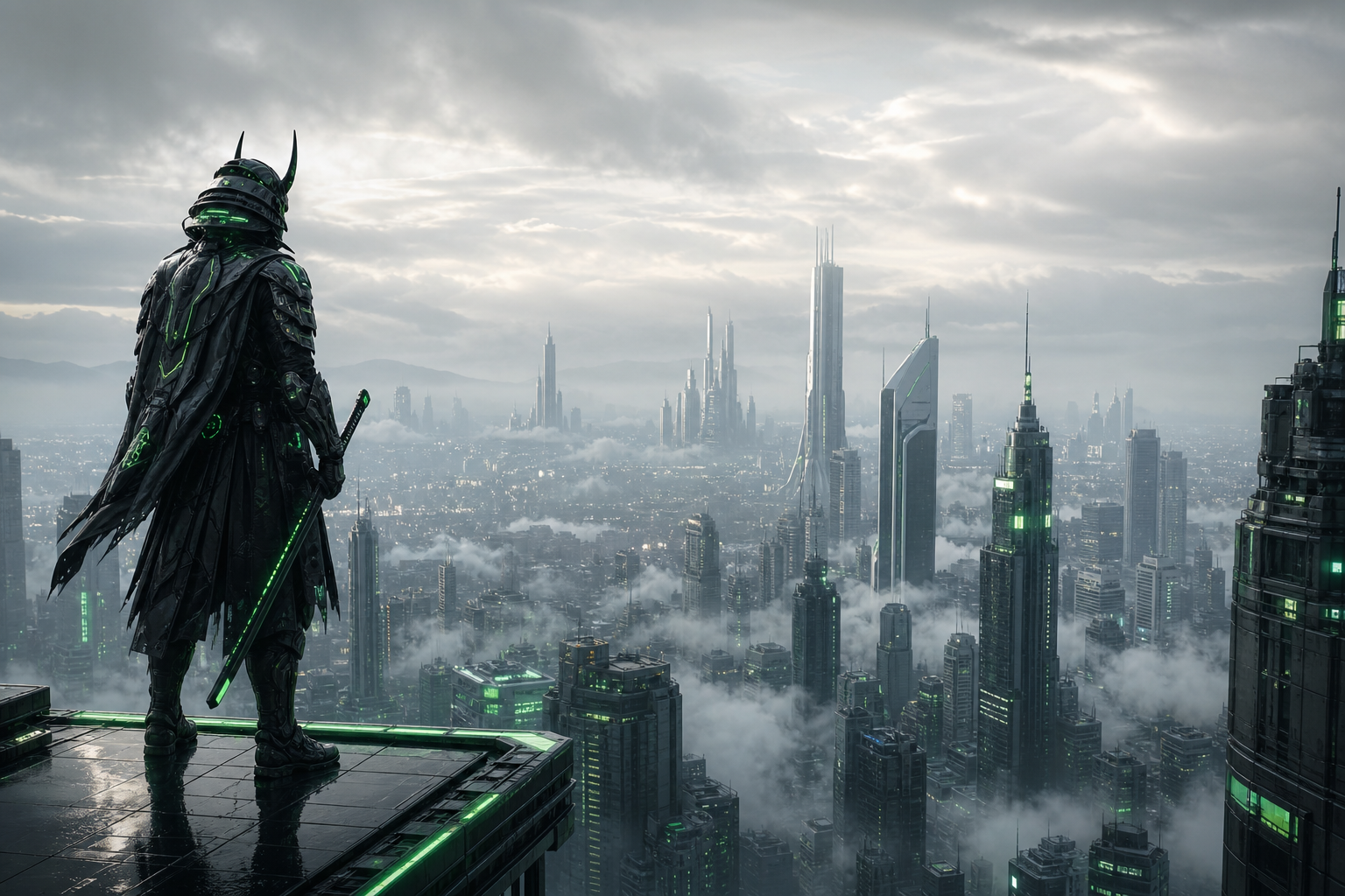 Cyber Samurai Standing On Skyscraper Architecture Wallpaper  5 4K