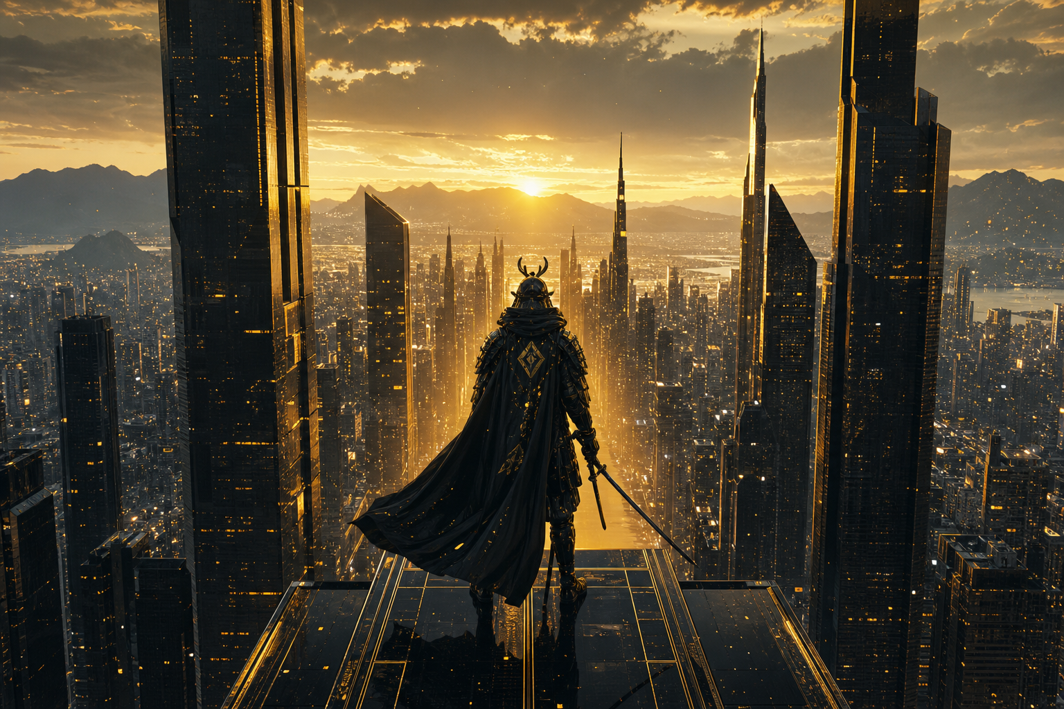 Cyber Samurai Standing On Skyscraper Architecture Wallpaper  5 4K