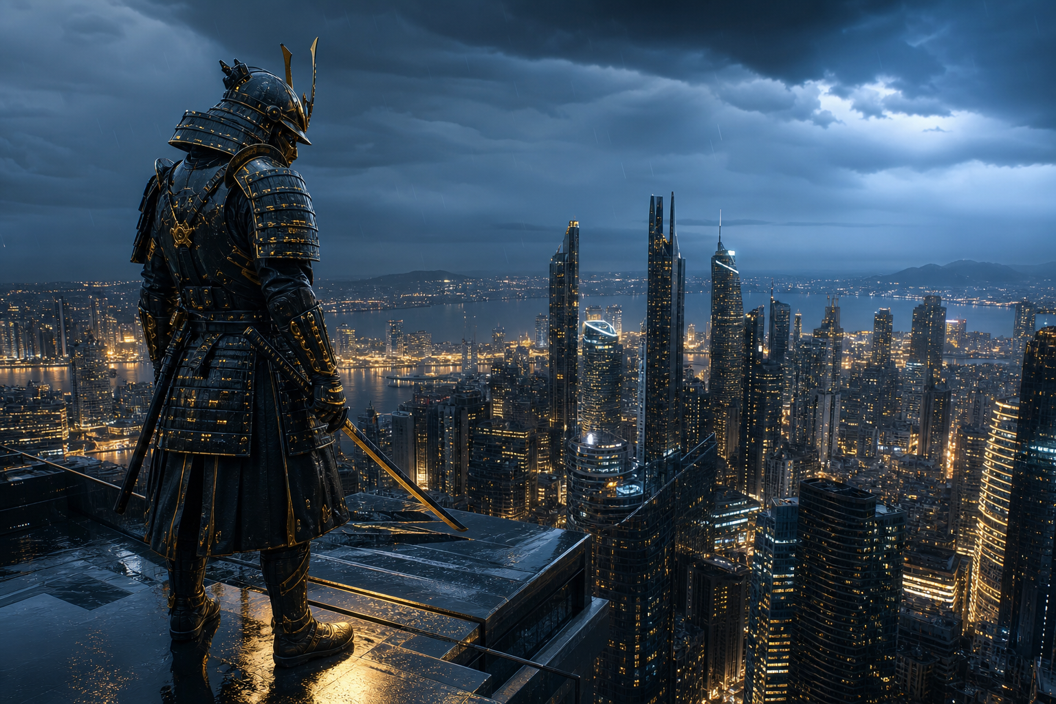 Cyber Samurai Standing On Skyscraper Architecture Wallpaper  5 4K