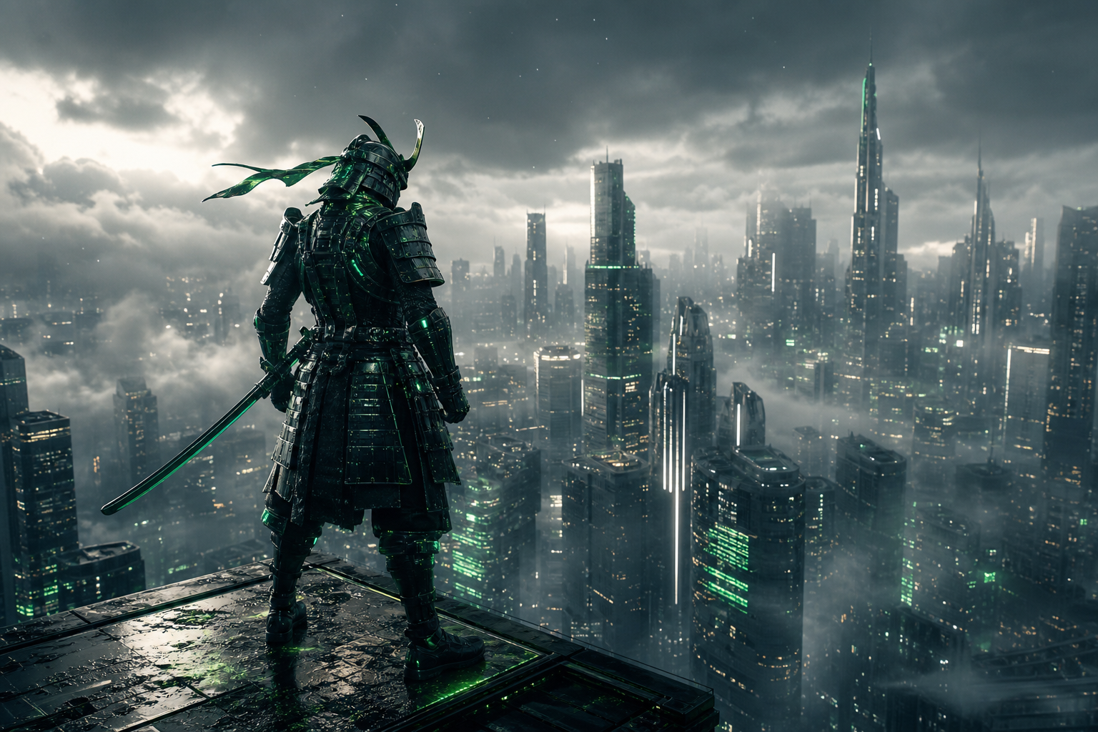 Cyber Samurai Standing On Skyscraper Architecture Wallpaper  5 4K