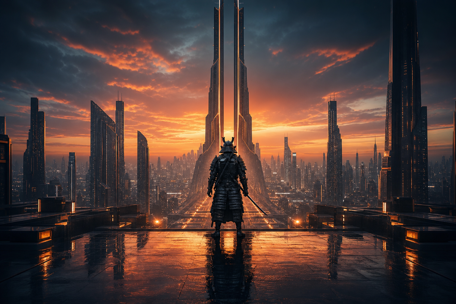 Cyber Samurai Standing On Skyscraper Architecture Wallpaper  5 4K
