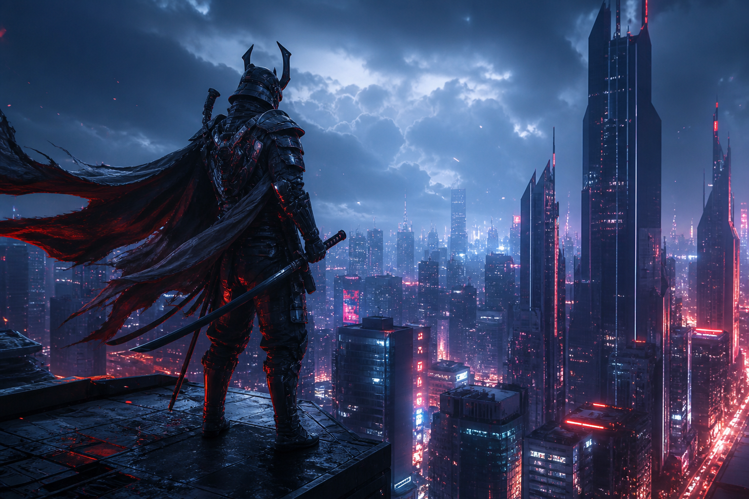 Cyber Samurai Standing On Skyscraper Architecture Wallpaper  5 4K