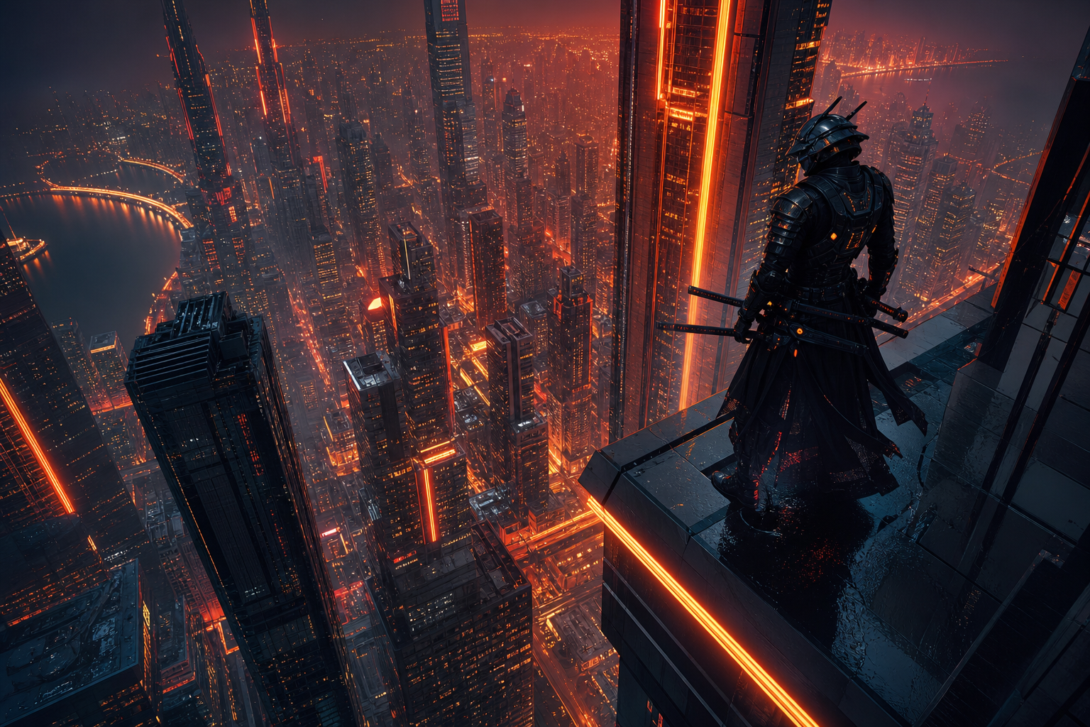 Cyber Samurai Standing On Skyscraper Architecture Wallpaper  5 4K