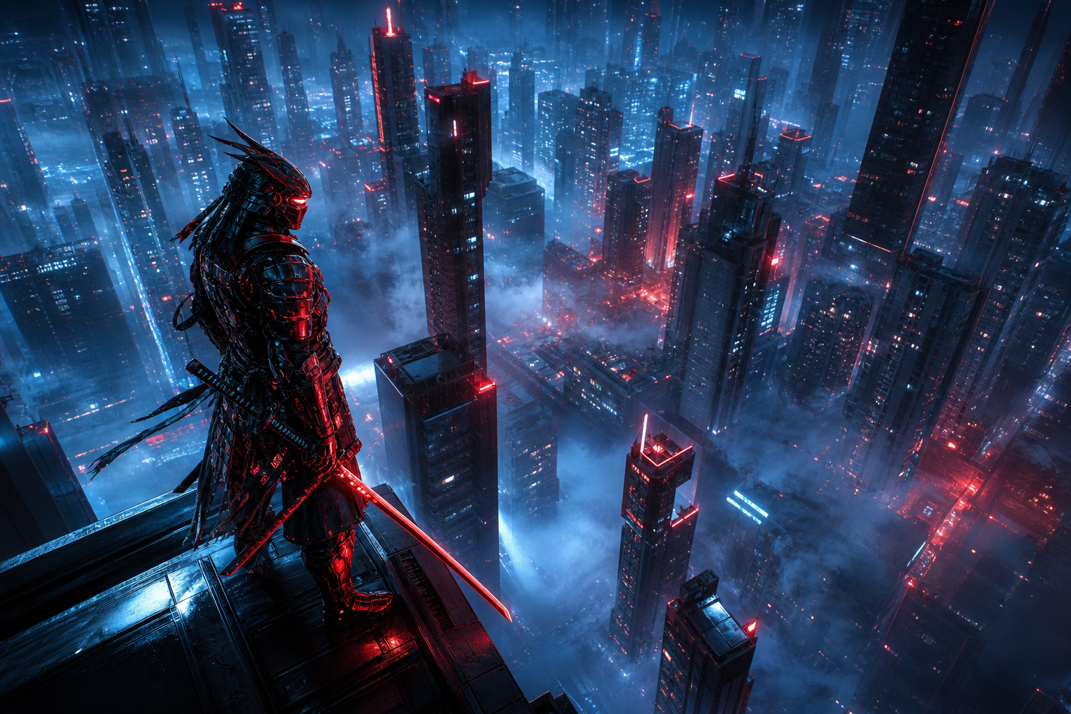 Cyber Samurai Standing On Skyscraper Architecture Wallpaper  5 4K