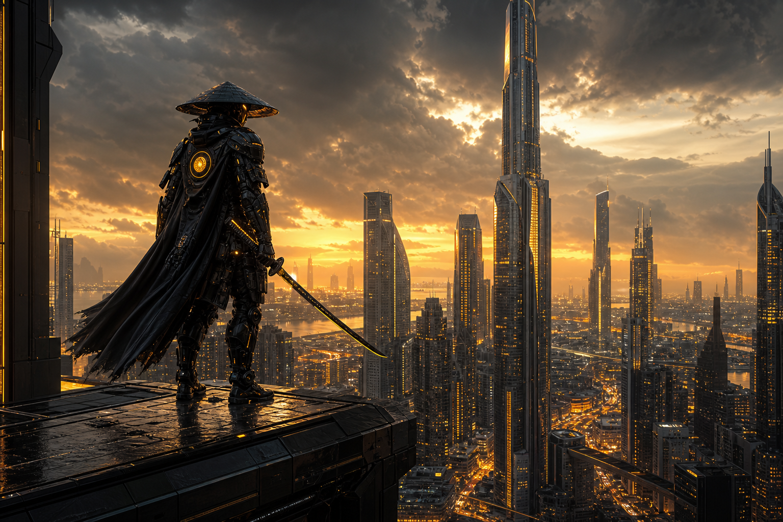 Cyber Samurai Standing On Skyscraper Architecture Wallpaper  5 4K