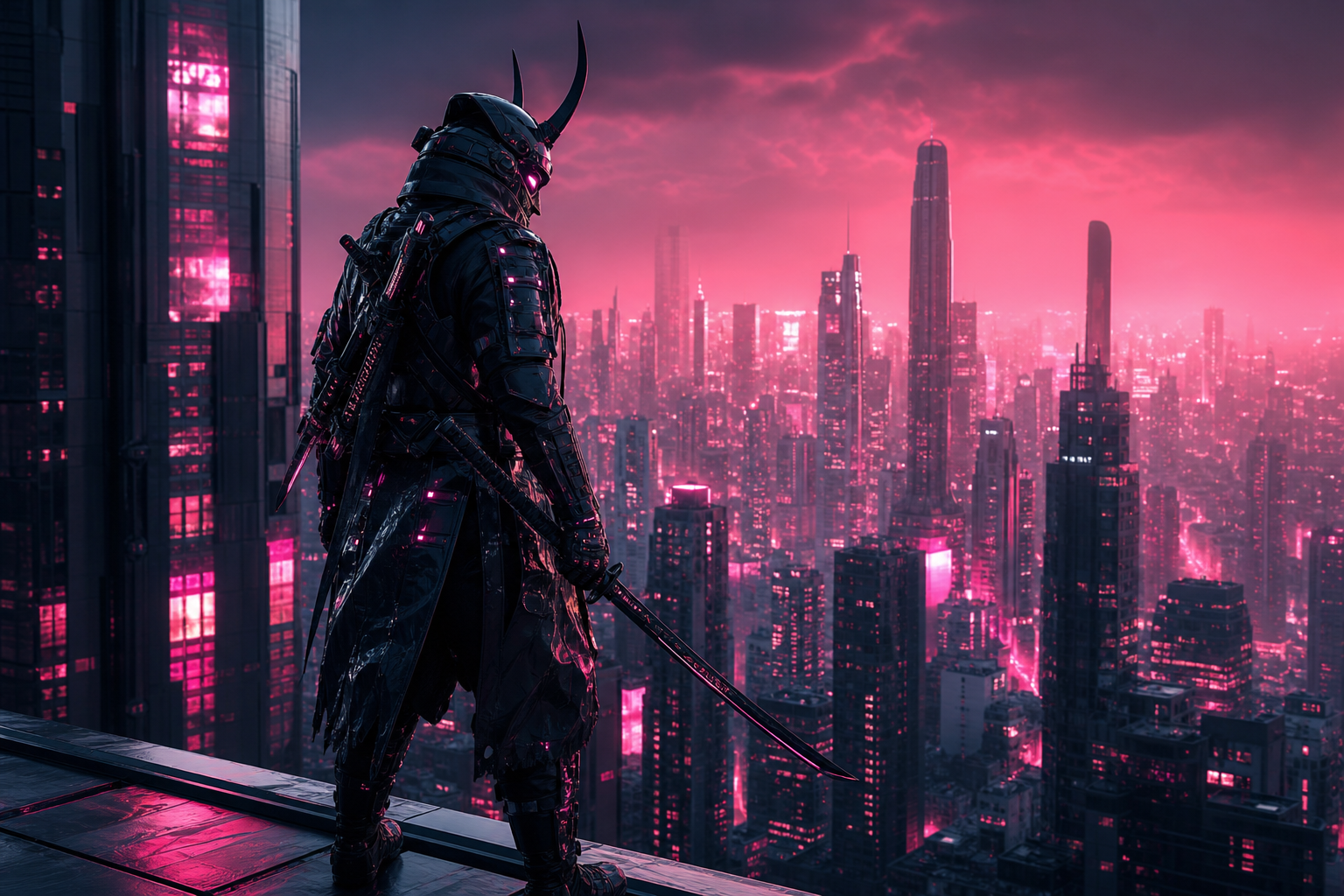 Cyber Samurai Standing On Skyscraper Architecture Wallpaper  5 4K