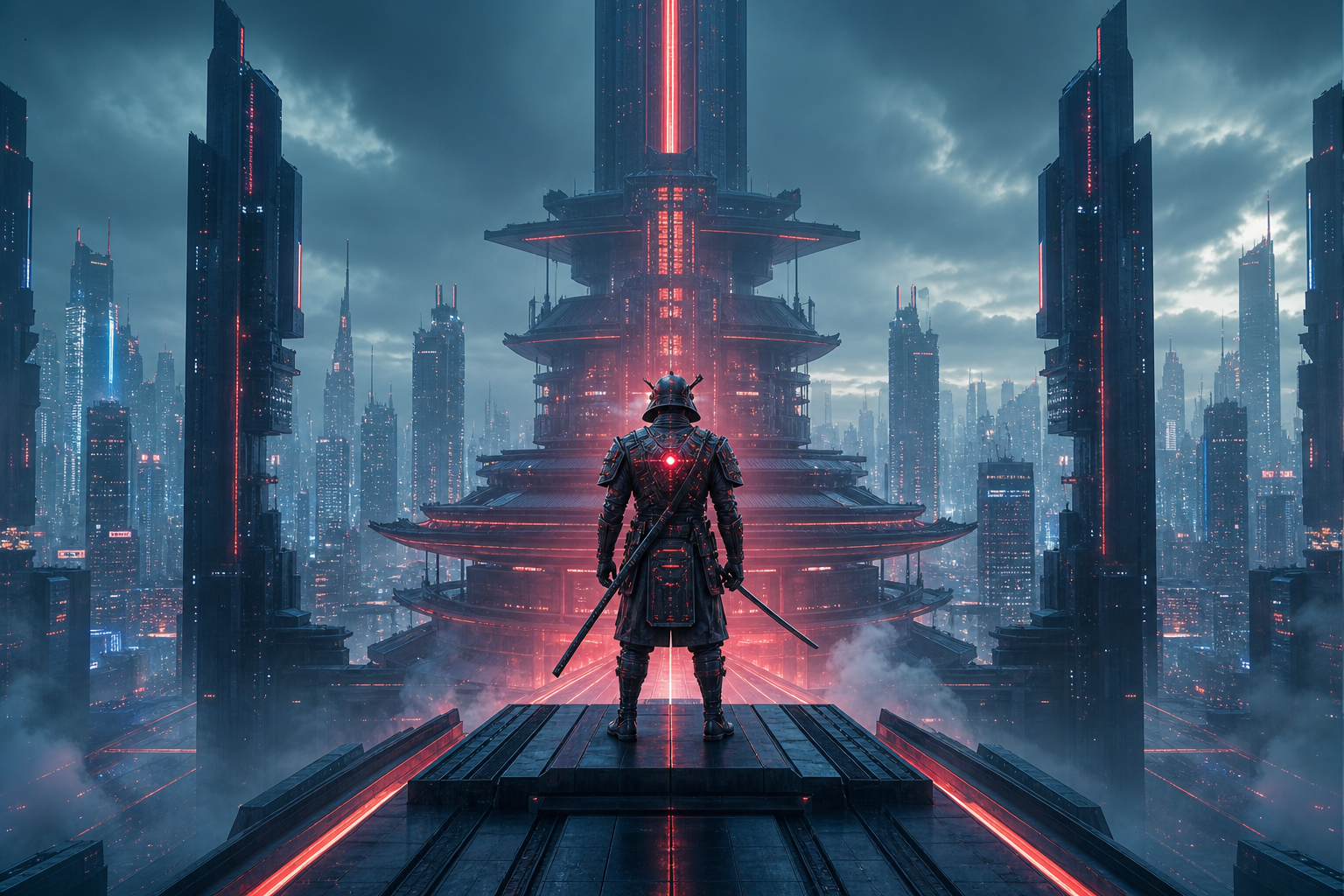 Cyber Samurai Standing On Skyscraper Architecture Wallpaper  5 4K