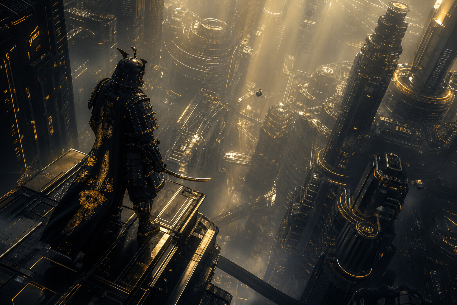 Cyber Samurai Standing On Skyscraper Architecture Wallpaper  5 4K