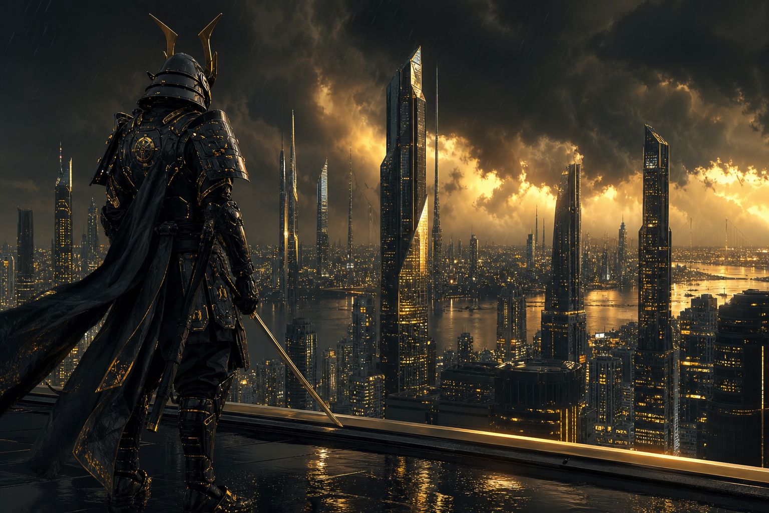 Cyber Samurai Standing On Skyscraper Architecture Wallpaper  5 4K