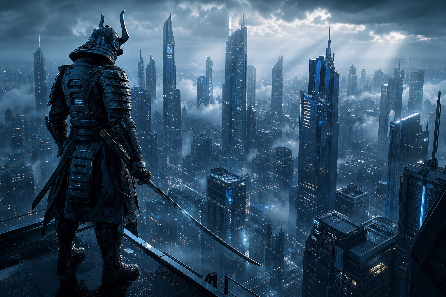 Cyber Samurai Standing On Skyscraper Architecture Wallpaper  5 4K