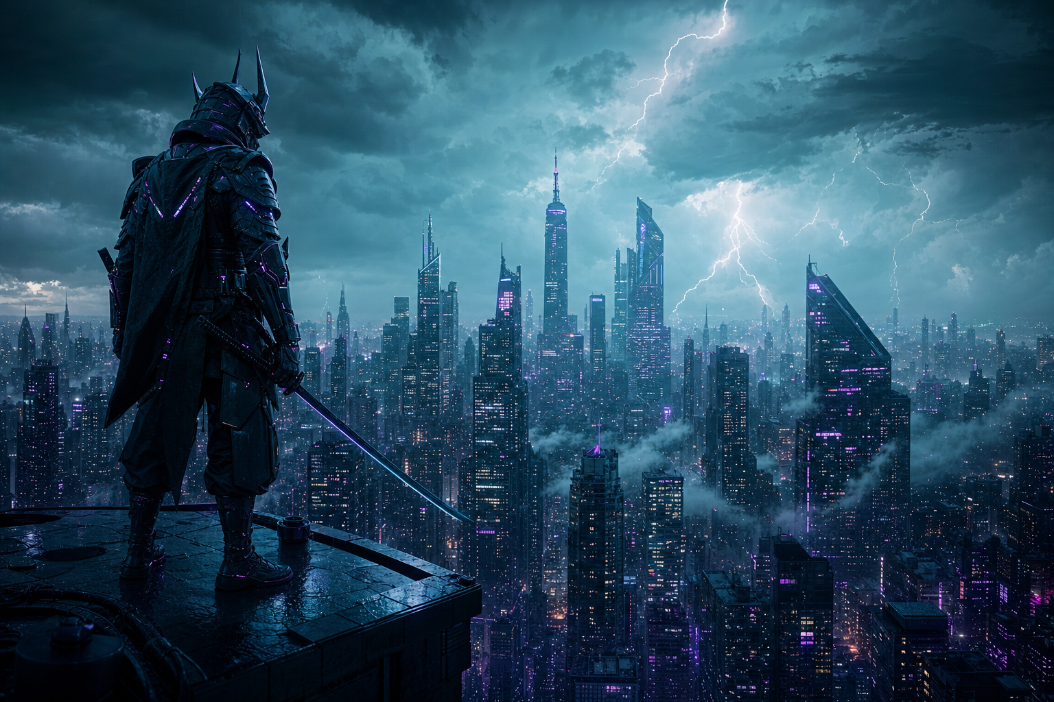Cyber Samurai Standing On Skyscraper Architecture Wallpaper  5 4K