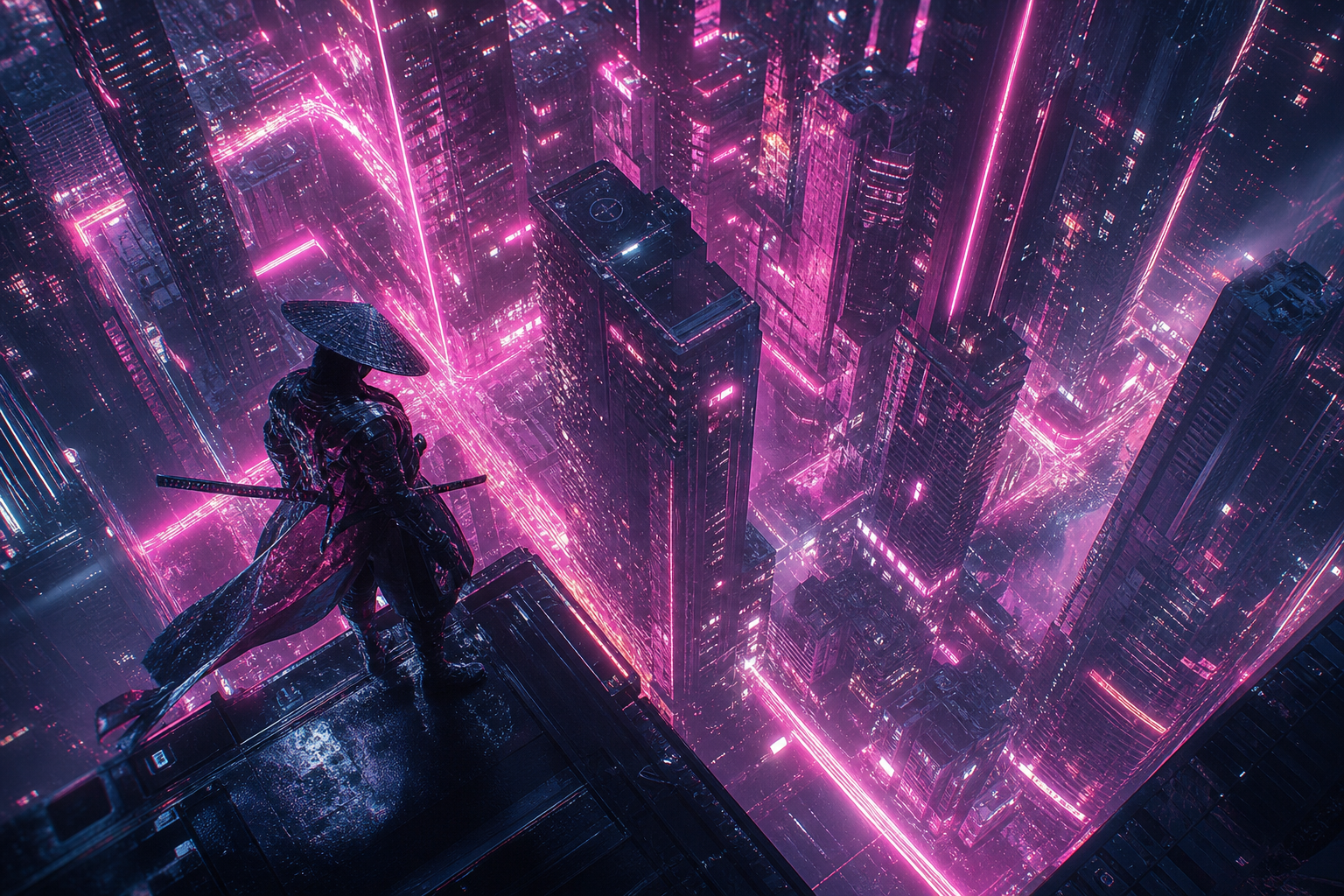 Cyber Samurai Standing On Skyscraper Art Wallpaper  5 4K