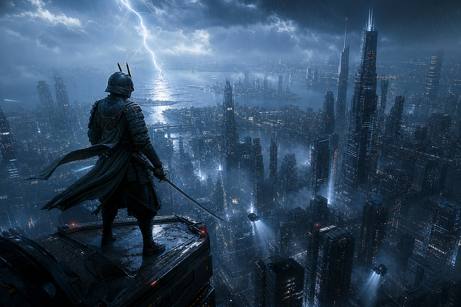 Cyber Samurai Standing On Skyscraper Art Wallpaper  5 4K
