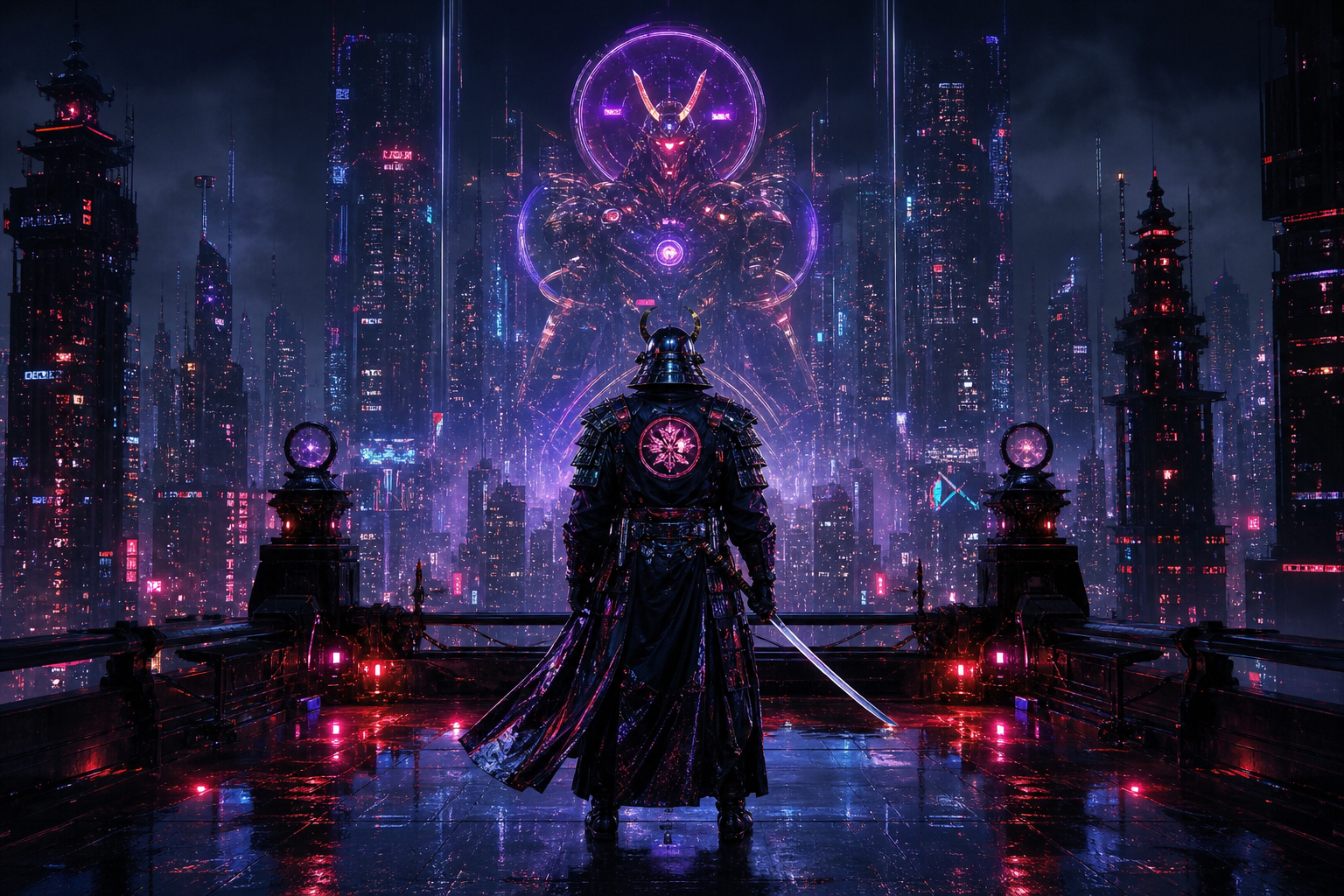 Cyber Samurai Standing On Skyscraper Art Wallpaper  5 4K