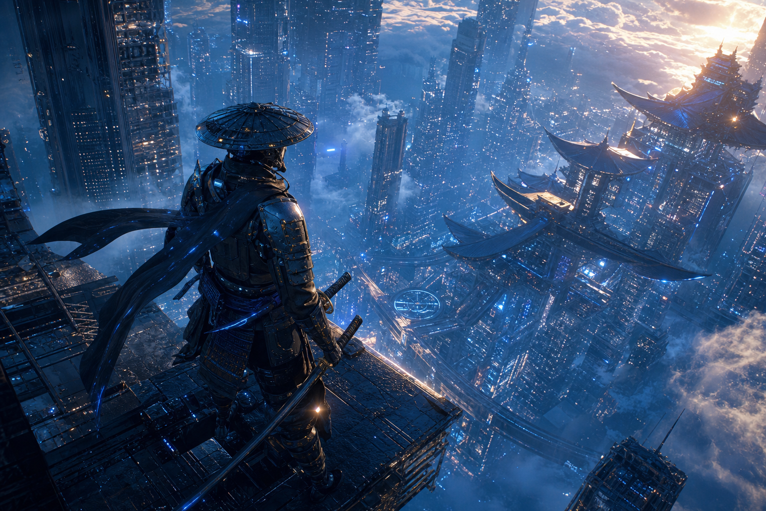 Cyber Samurai Standing On Skyscraper Art Wallpaper  5 4K