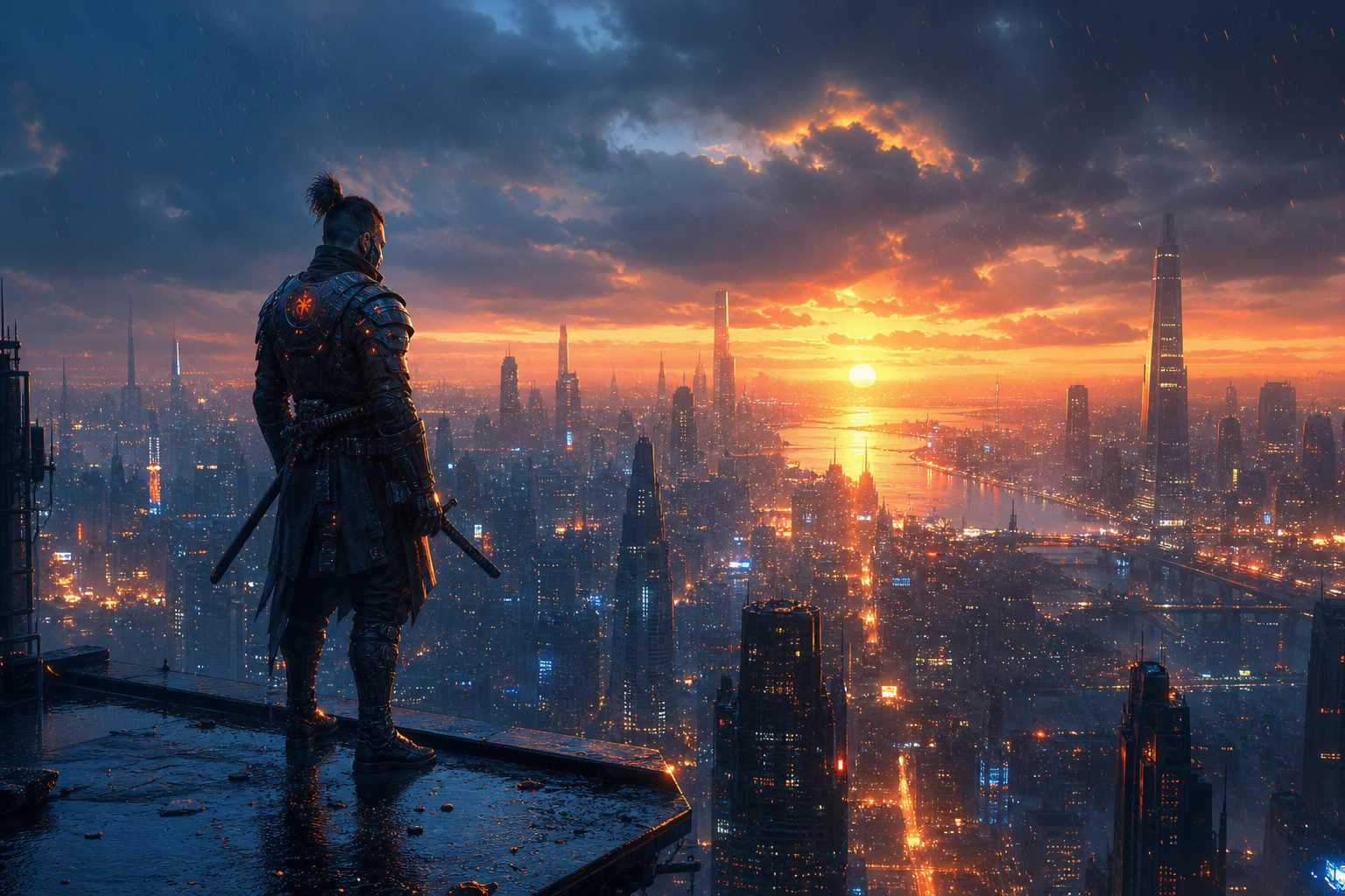 Cyber Samurai Standing On Skyscraper Cyberpunk Wallpaper  5 4K