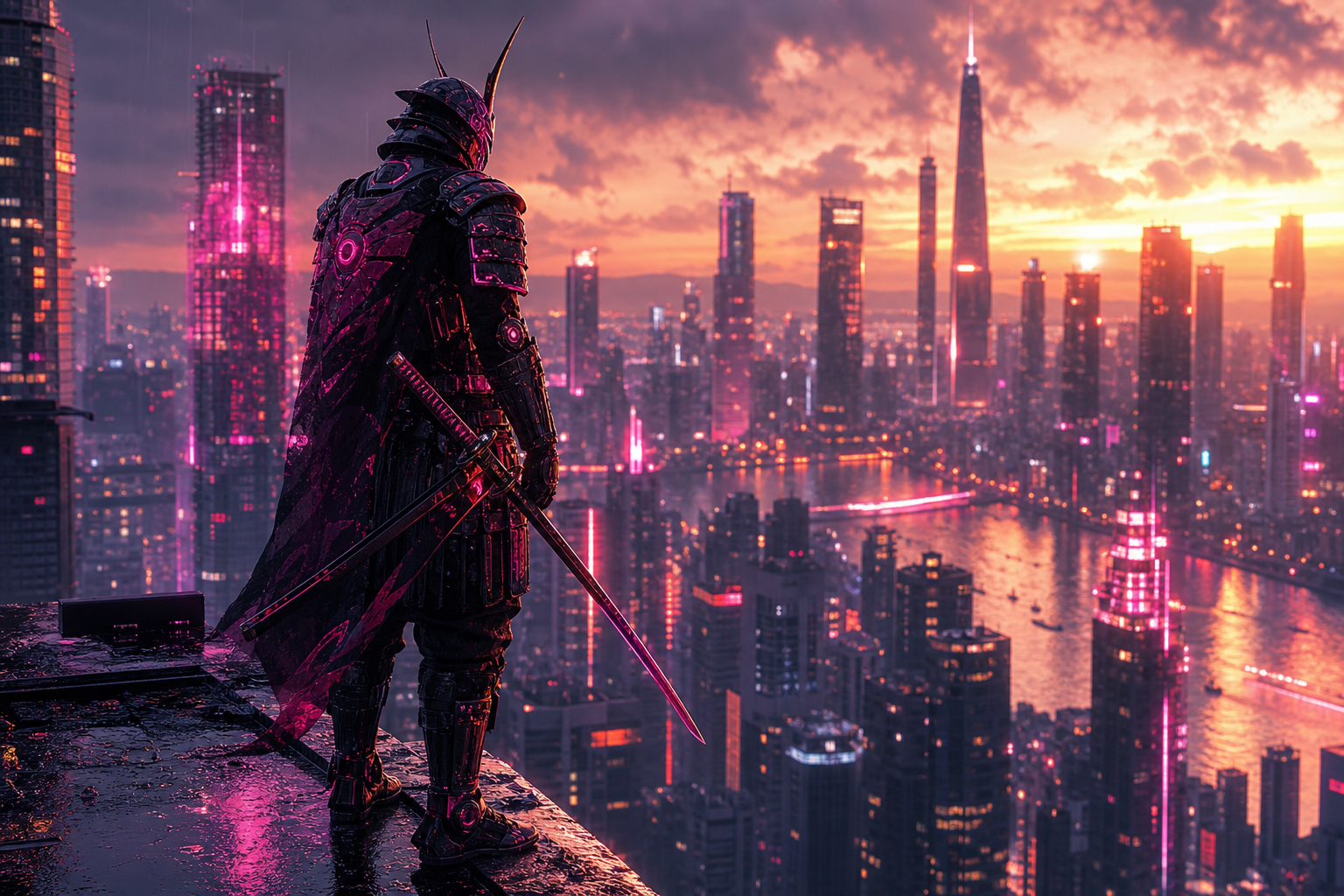 Cyber Samurai Standing On Skyscraper Cyberpunk Wallpaper  5 4K