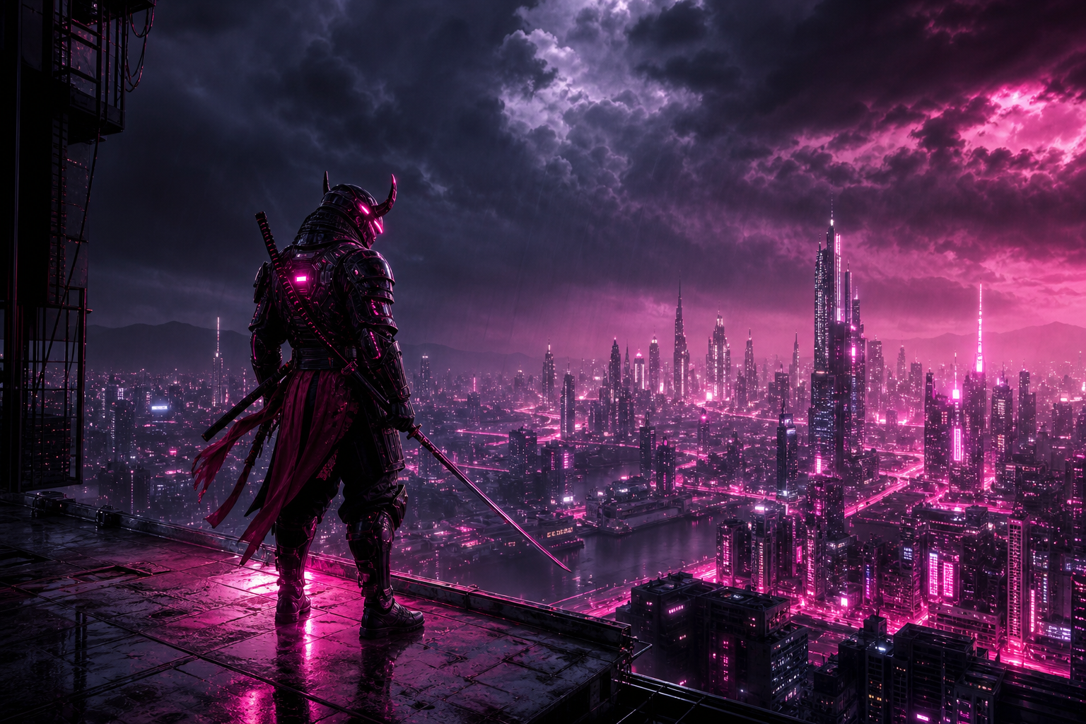 Cyber Samurai Standing On Skyscraper Cyberpunk Wallpaper  5 4K
