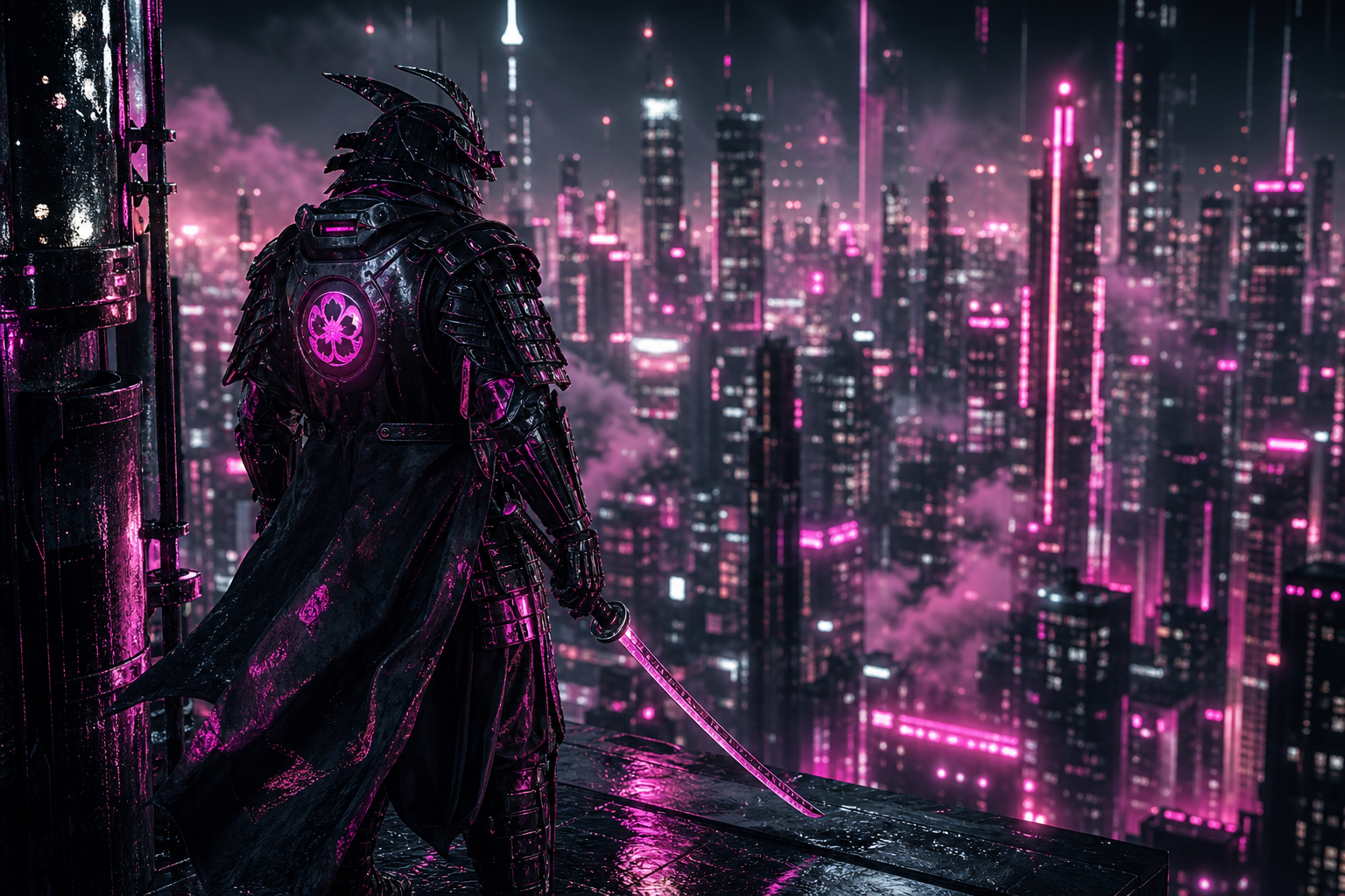 Cyber Samurai Standing On Skyscraper Cyberpunk Wallpaper  5 4K