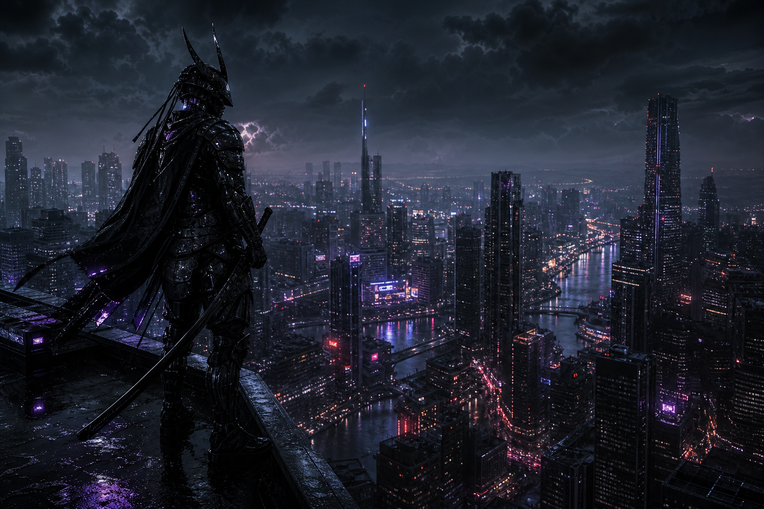 Cyber Samurai Standing On Skyscraper Cyberpunk Wallpaper  5 4K