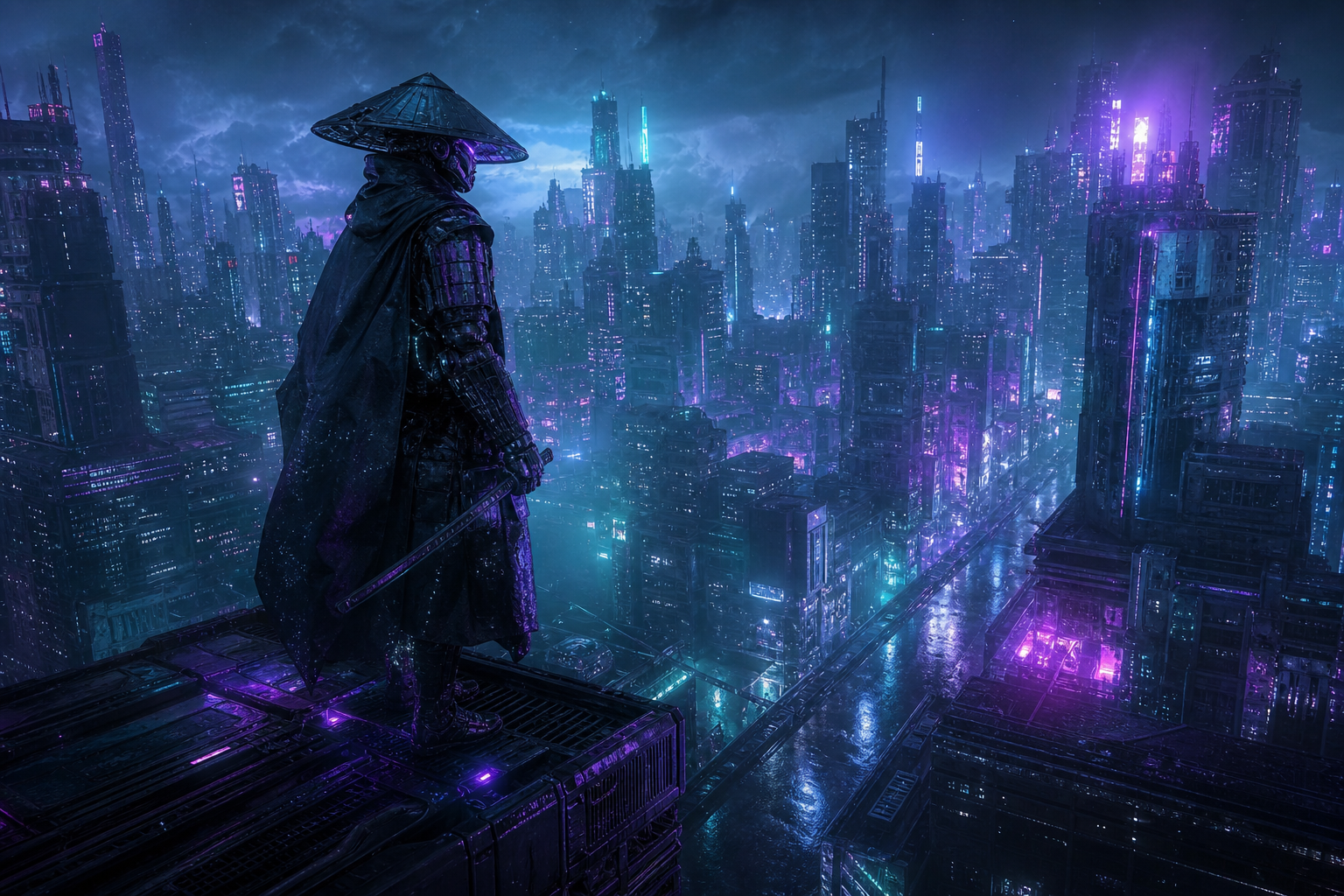 Cyber Samurai Standing On Skyscraper Cyberpunk Wallpaper  5 4K