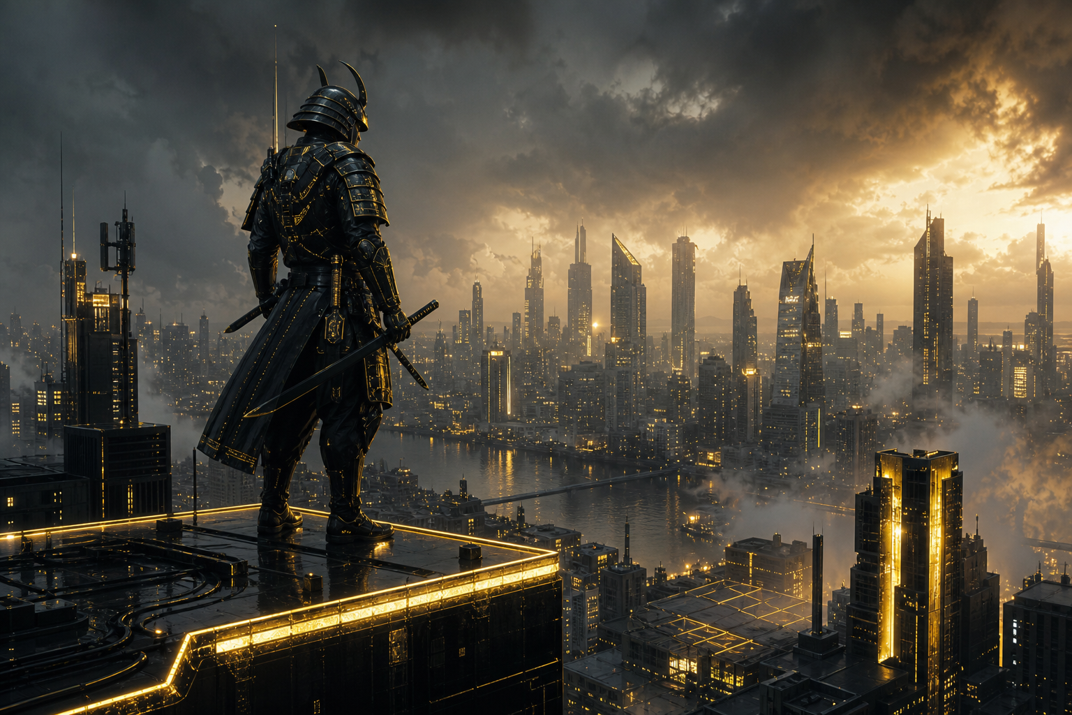 Cyber Samurai Standing On Skyscraper Cyberpunk Wallpaper  5 4K