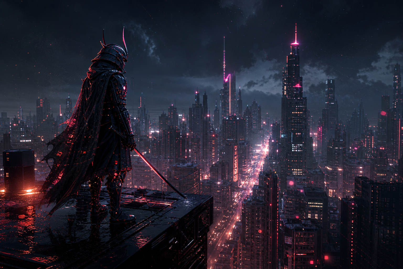 Cyber Samurai Standing On Skyscraper Cyberpunk Wallpaper  5 4K
